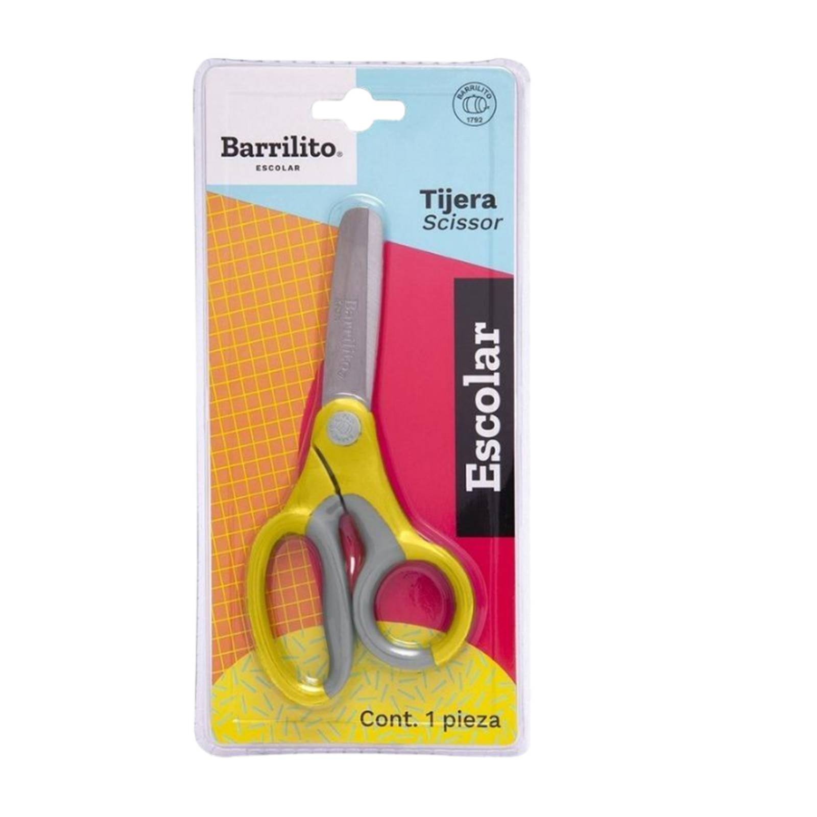 Tijera Escolar Acero Inoxidable, Punta Roma Barrilito Amarillo con Gris