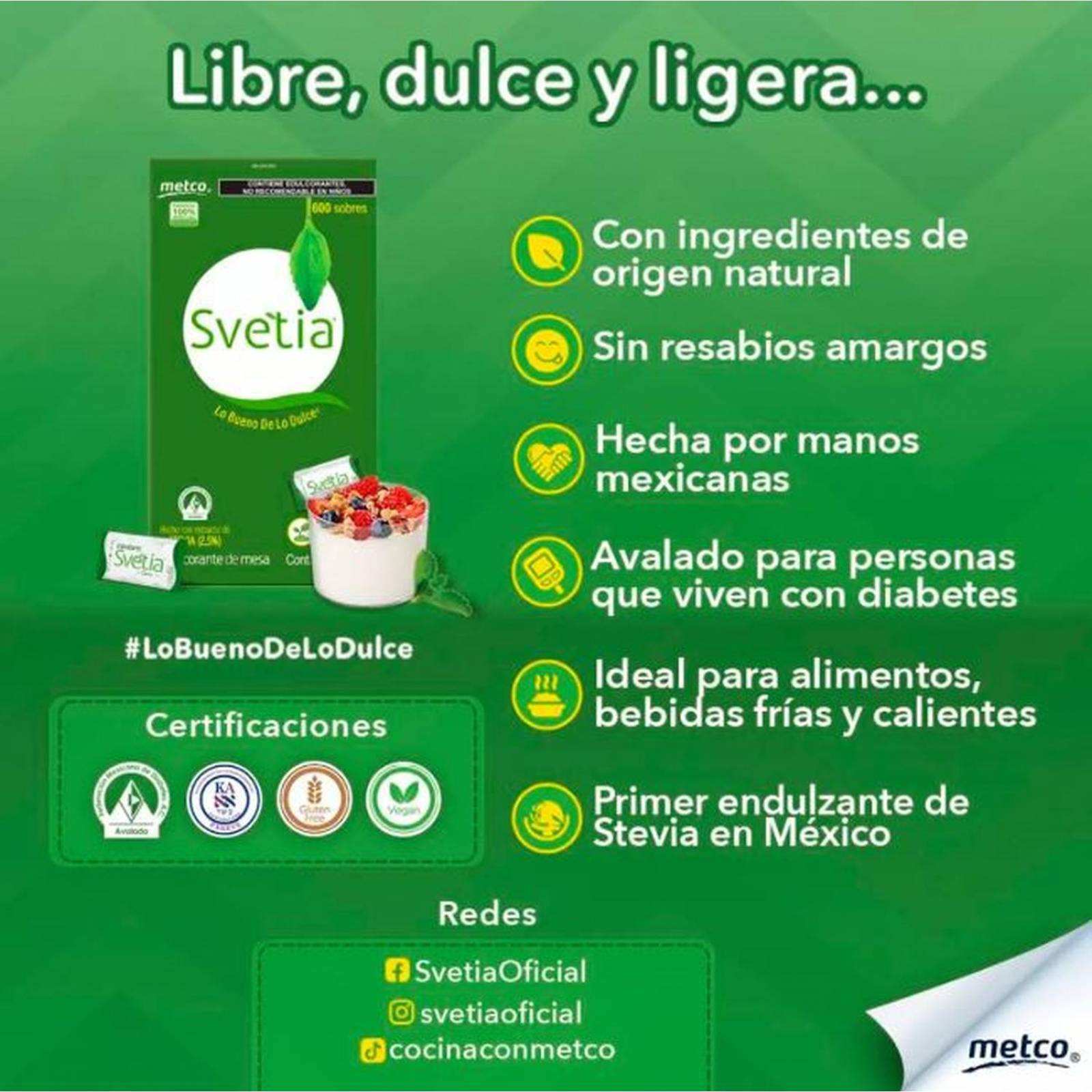 2 Cajas Svetia 1200 Sobres 1 Gr Endulcorante Stevia Sustituto Azúcar 