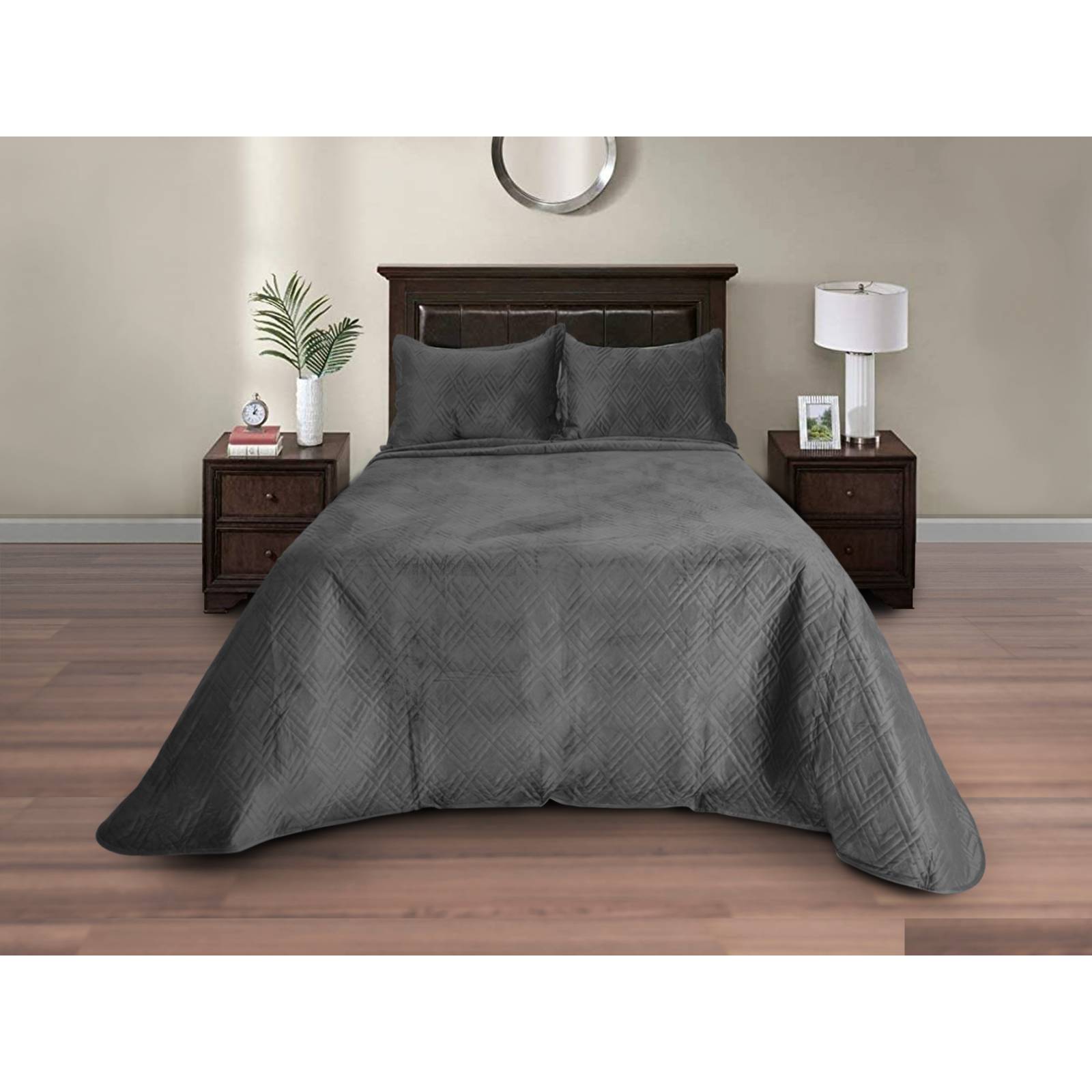 Colcha Velvet Terciopelo Gris Matrimonial + Fundas Dormireal.