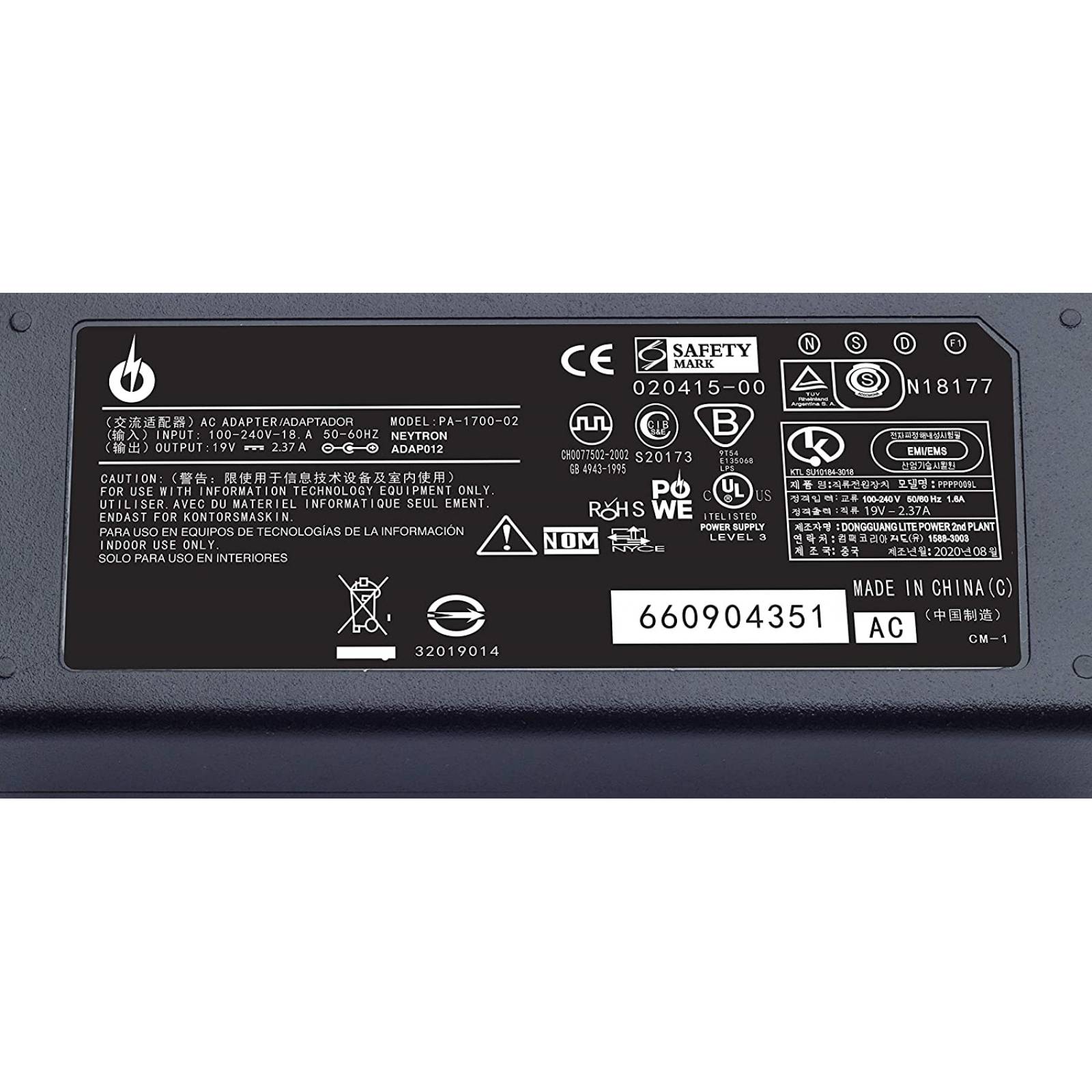 Para Acer TravelMate 3300  / 19V   2.37A   45W /  Cargador Compatible Punta 5.5mm x 1.7mm