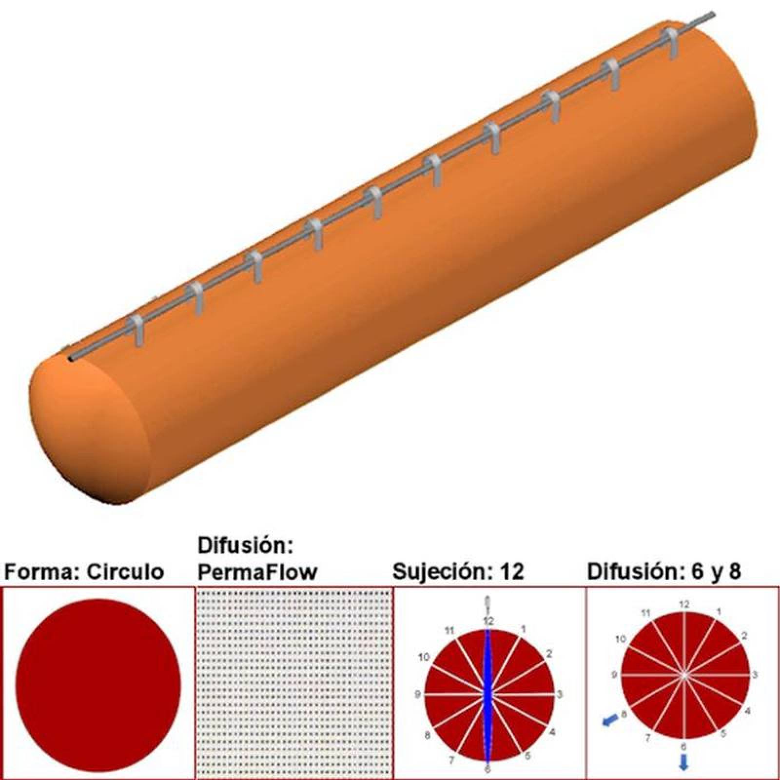 Ducto Textil con Difusion MXAHS-0615 14" Diámetro 2860 a 4290m3hr Difusión PermaFlow Naranja Claro Sujeción 12 Difusión 6 y 8 Longitud 1 m, AirRegularPerma