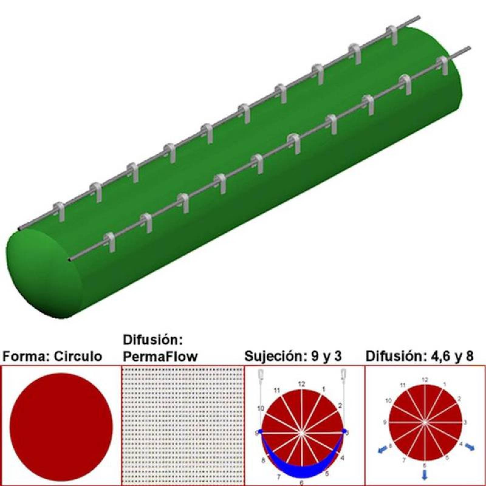 Ductos Textiles MXAHS-1655 28" Diámetro 11441 a 17162m3hr Difusión PermaFlow Verde Pasto Sujeción 9 y 3 Difusión 46 y 8 Longitud 1 m, AirRegularPerma