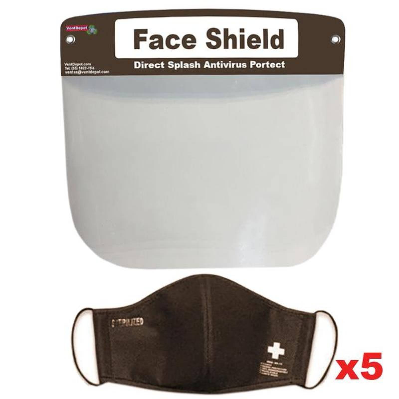 Mascarilla Facial Protectora Barata MXASH-017 Kit 5 pzs Careta y Cubrebocas Dark Brown Non Woven Polipropileno Lavable, MaskPlash