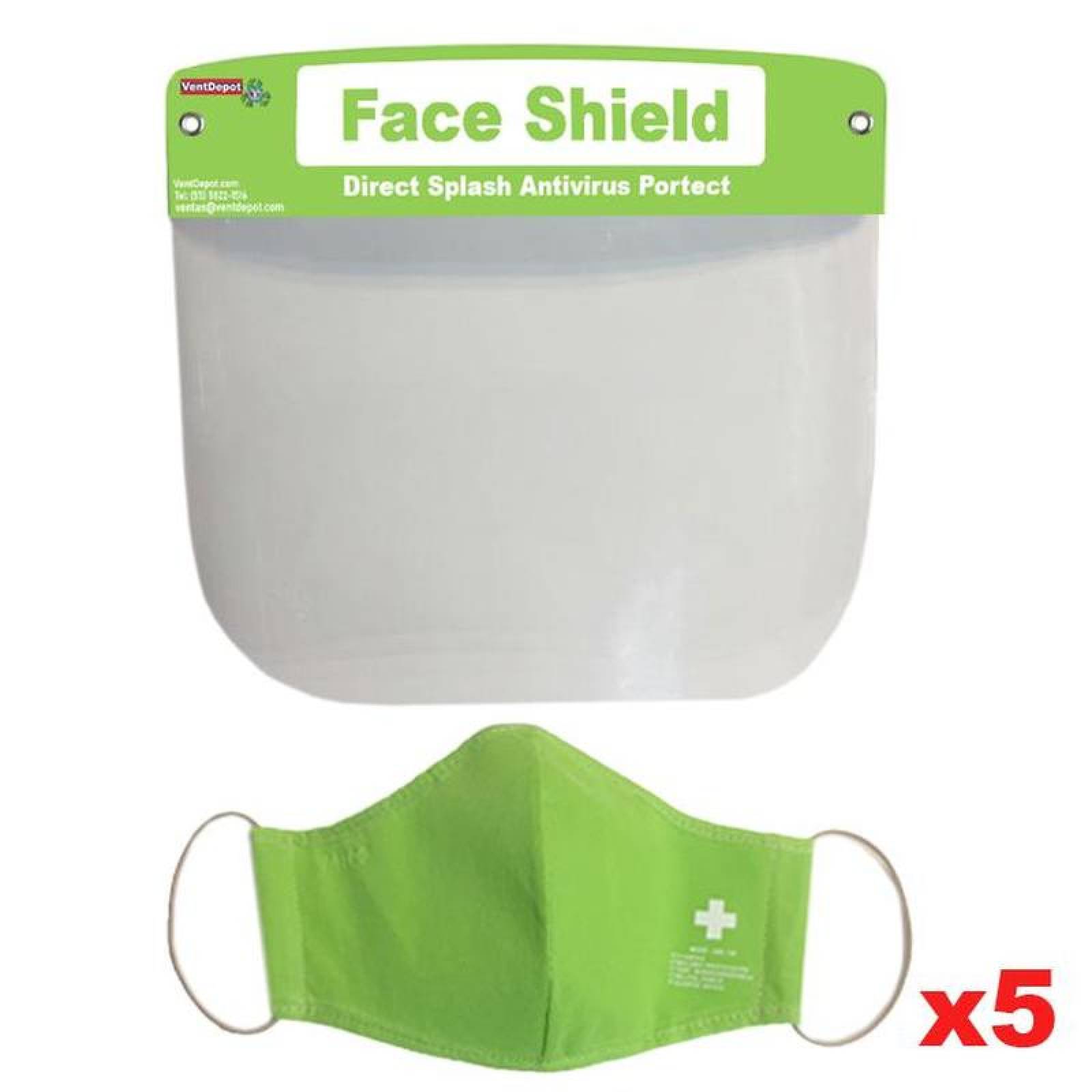 Careta Protectora para Dentista, MXASH-047 Kit 5 pzs Careta y Cubrebocas Green Non Woven Polipropileno Lavable, MaskPlash