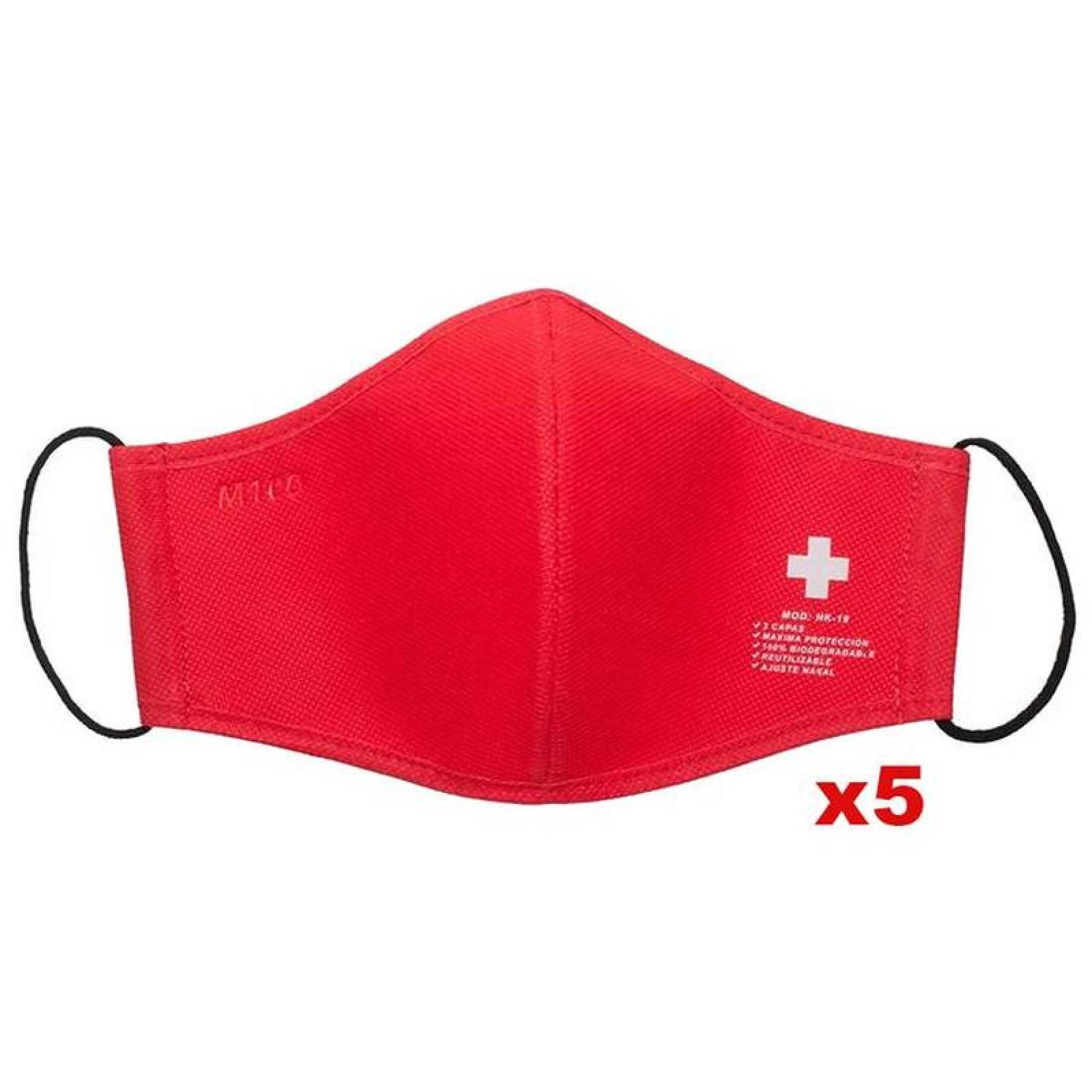 CubreBoca reutilizables virus, MXWHC-038 5 Pzas Red Rojo Lavable Non Woven 3 Capas, WhiteCross