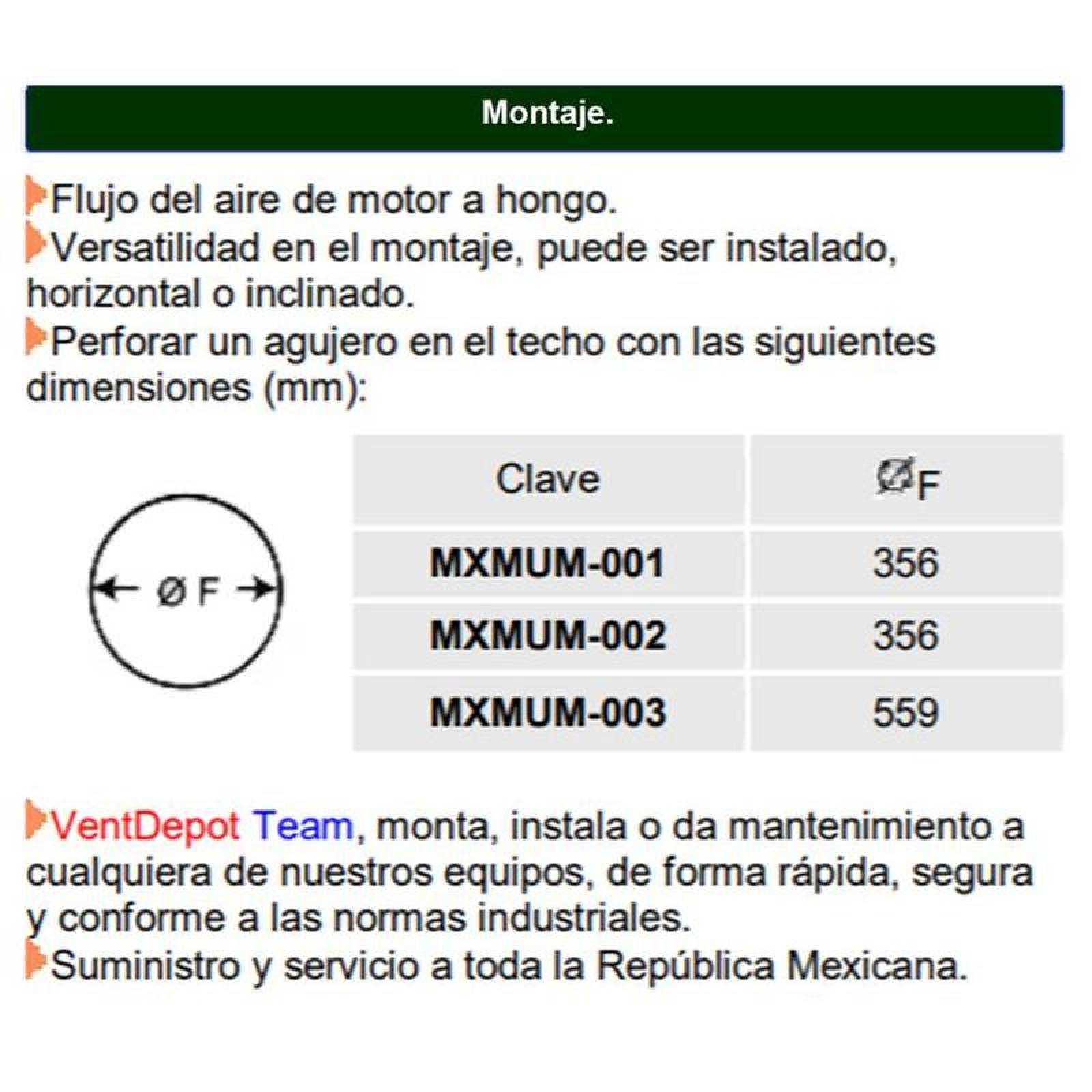 Extractor de Ventilacion de Aspas MXMUM-003-1 Aspas 13" diam 1866m3hr127V 60Hz 120HP 0,85A 60dB, MushMax