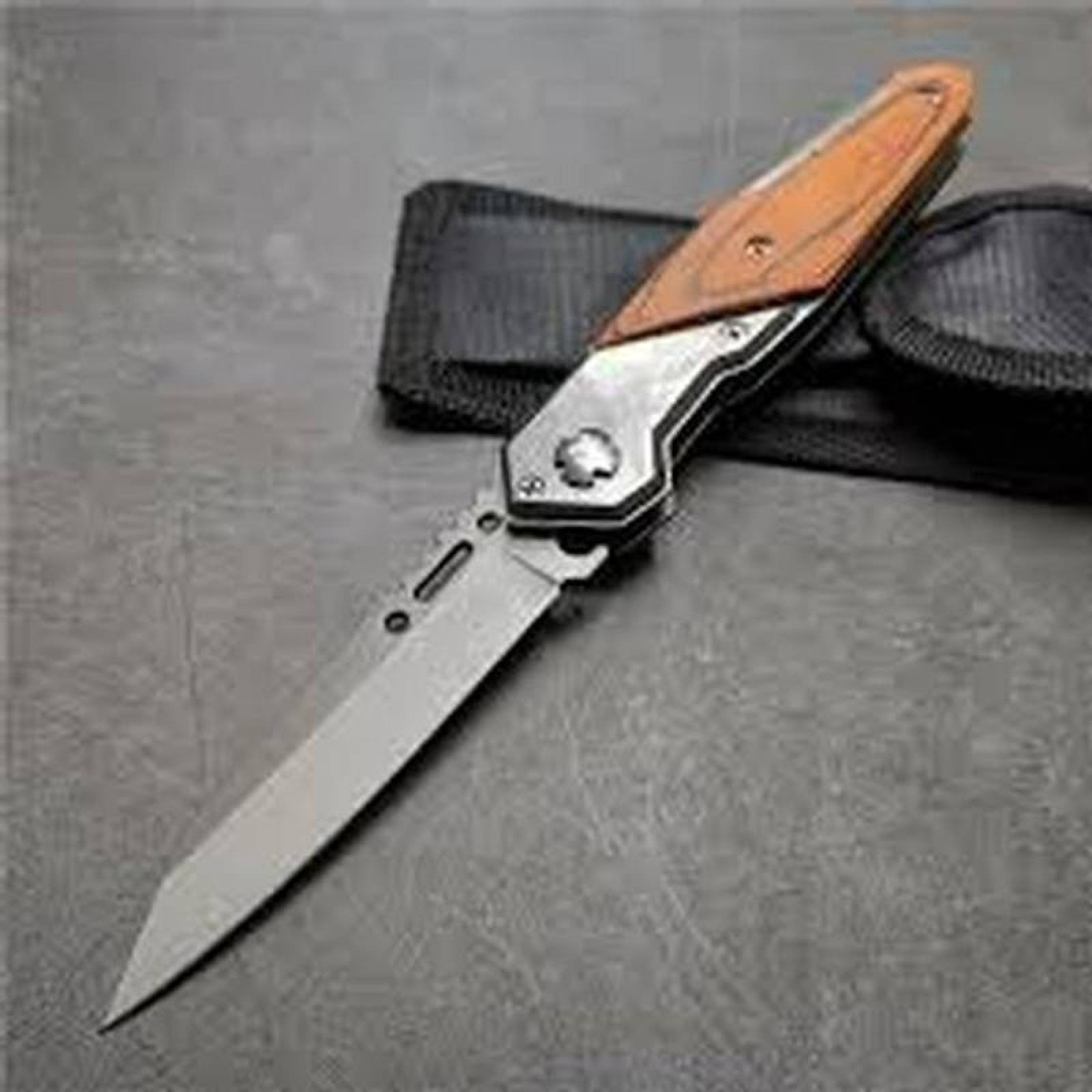 Navaja de Bolsillo Táctica MXSWF-001-4 1Pza Cuchilla Plegable Automática Mango PlataPlástico Tipo Madera Cuchilla Plata, SwissForce