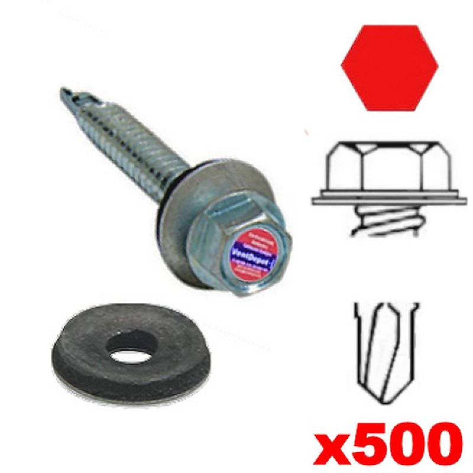 Pija Autotaladrante con Hule MXVWR-051 500Pzas 12 5,5mm Diámetro Long1 14" Dado 132" Cabeza Hexagonal con Rondana Vulcanizada Sellada Punta Broca VulcanizedWasher