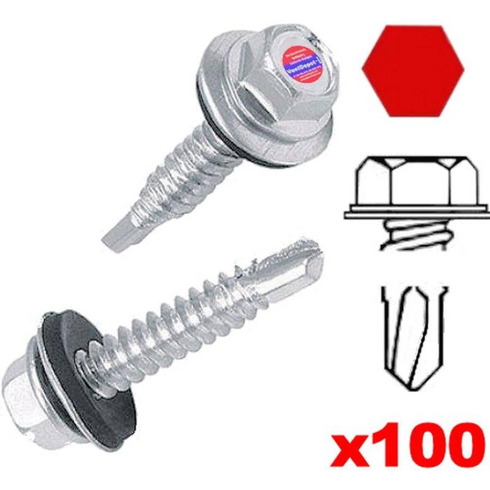 Pijas Punta Broca para Metal MXWSX-020 100Pzas 14 6,3mm Diámetro Long2" Dado 1,14" Cabeza Hexagonal con Rondana de Neopreno Punta Broca WasherHex