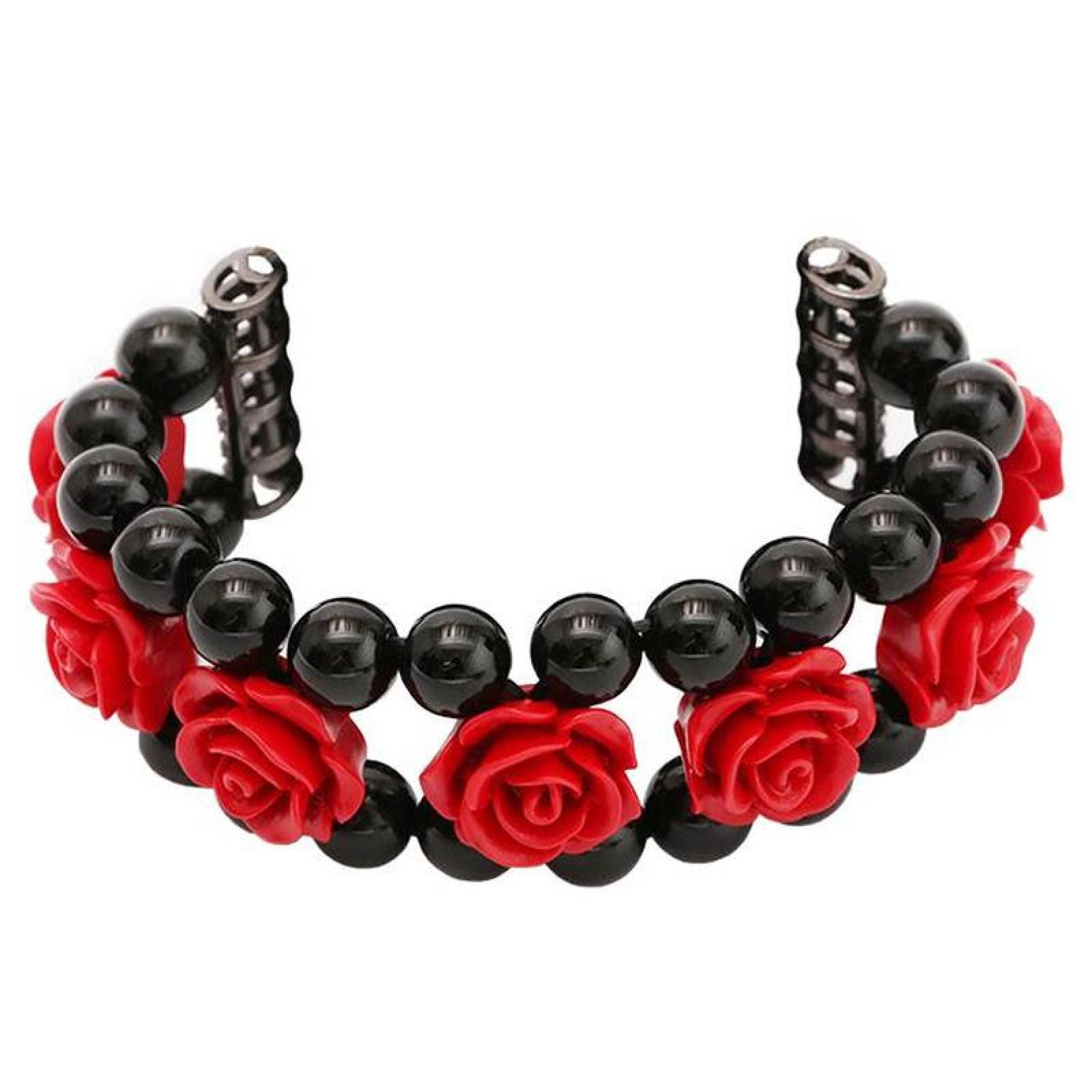  Bandas Hechas a Mano a la Venta, MXPEA-004-2, 42/44mm, ML, Black Pearl Red Flowers/Perla Negra Flores Rojas, S123456SE, Cuentas Redondas, Pearl Collection