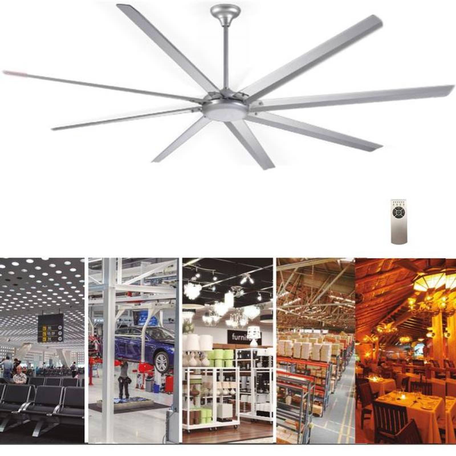 Ventiladores Gigantes de Techo, MXSIW-001-12, Diametro 2,5m u 8Pies, 47572 m3/hr, 80 RPM, Acabado Aluminio, 6 Velocidades, 121,7 W, 127V, 60Hz, 45dB,, SoftWind