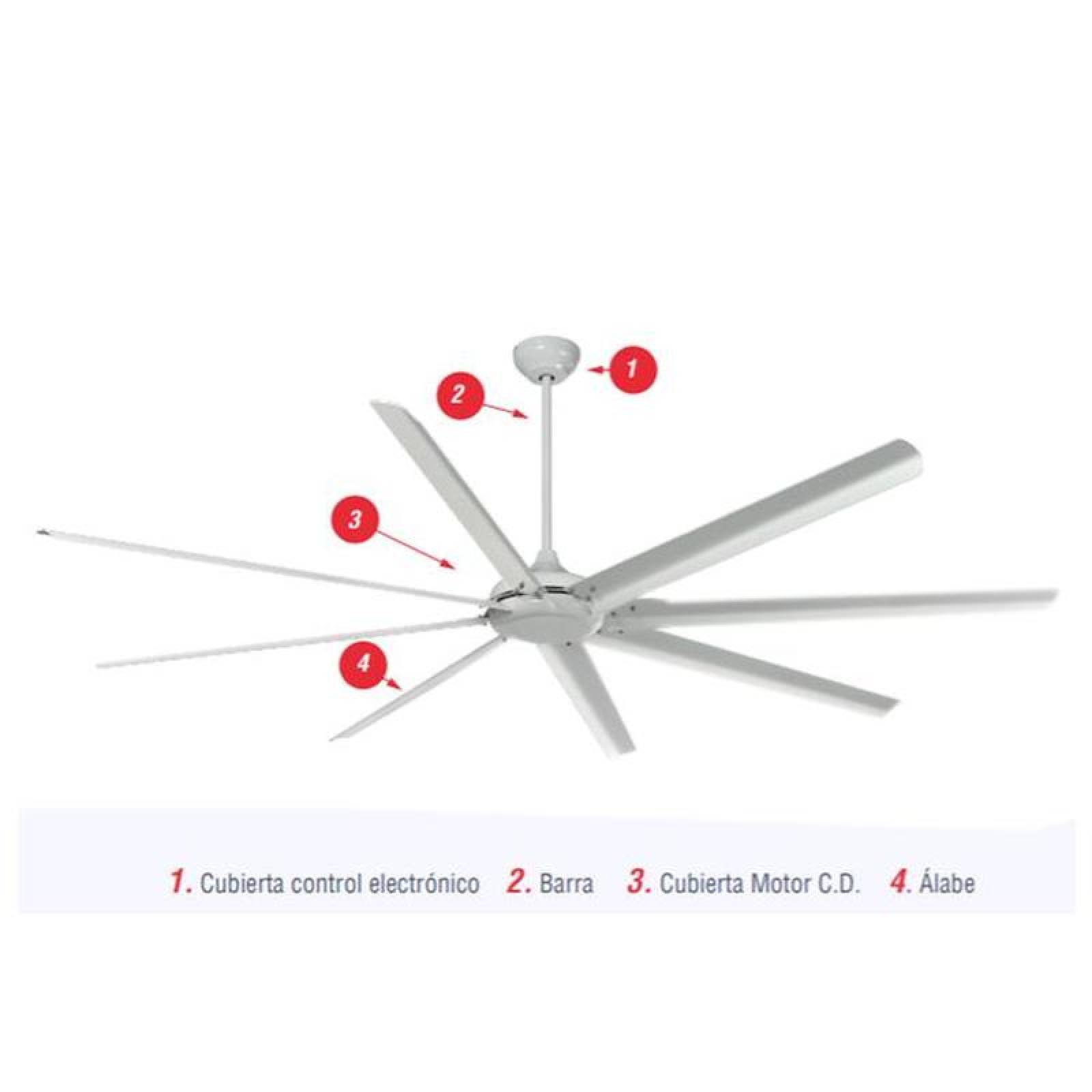 Ventiladores Gigantes para techo, MXSIW-001-13, Diametro 2,5m u 8Pies, 47572 m3/hr, 80 RPM, Acabado Aluminio, 6 Velocidades, 121,7 W, 127V, 60Hz, 45dB,, SoftWind