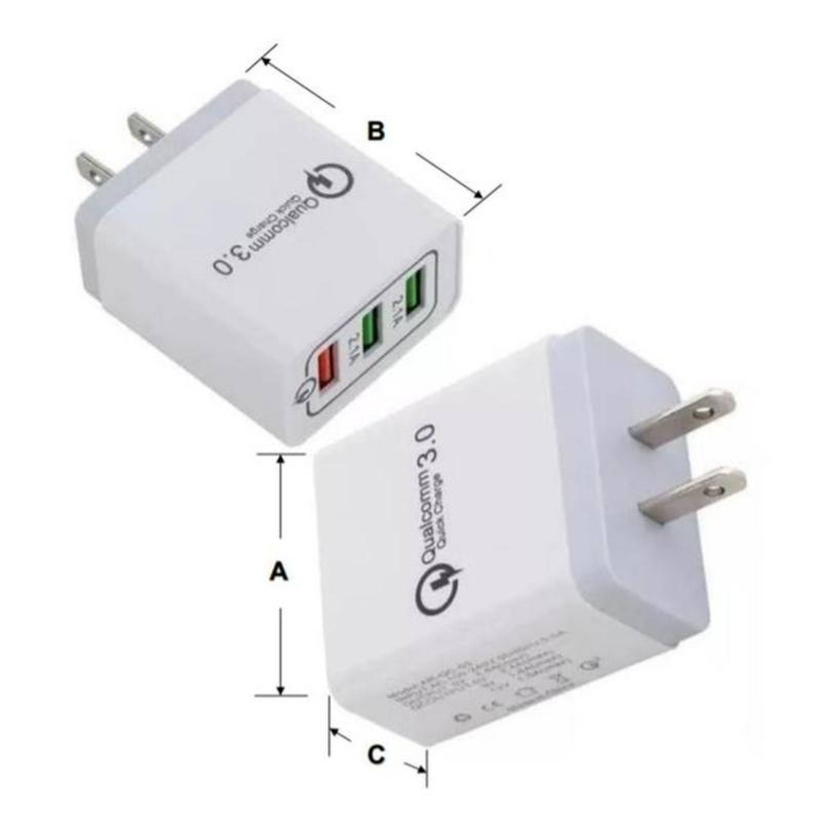 Cargador Quick Charger MXGEL-001-9 3 Puertos USB 100-240V 50-60Hz Max, 5V 2,1A Blanco Gris, ChargePlus