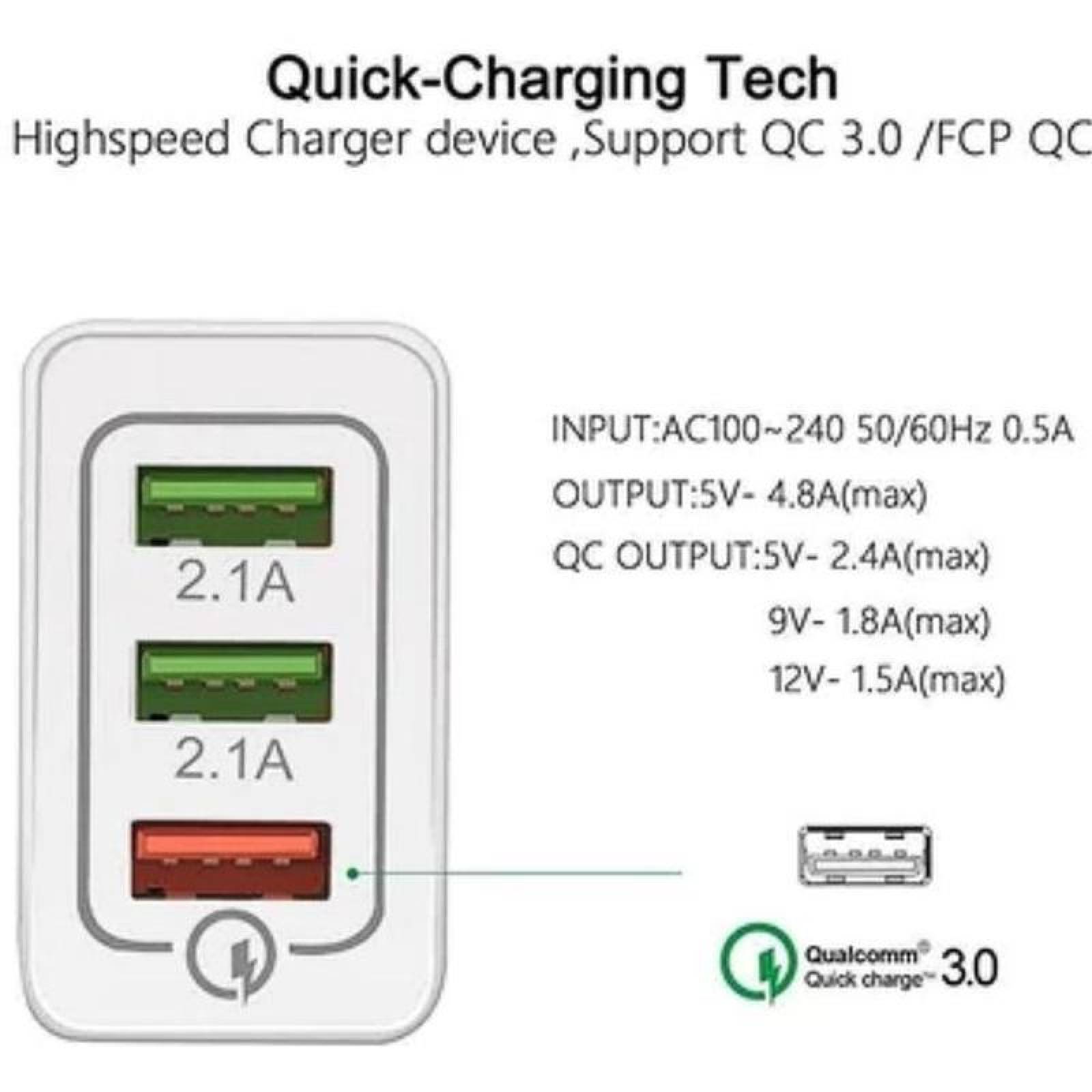 Cargador Quick Charger MXGEL-001-9 3 Puertos USB 100-240V 50-60Hz Max, 5V 2,1A Blanco Gris, ChargePlus