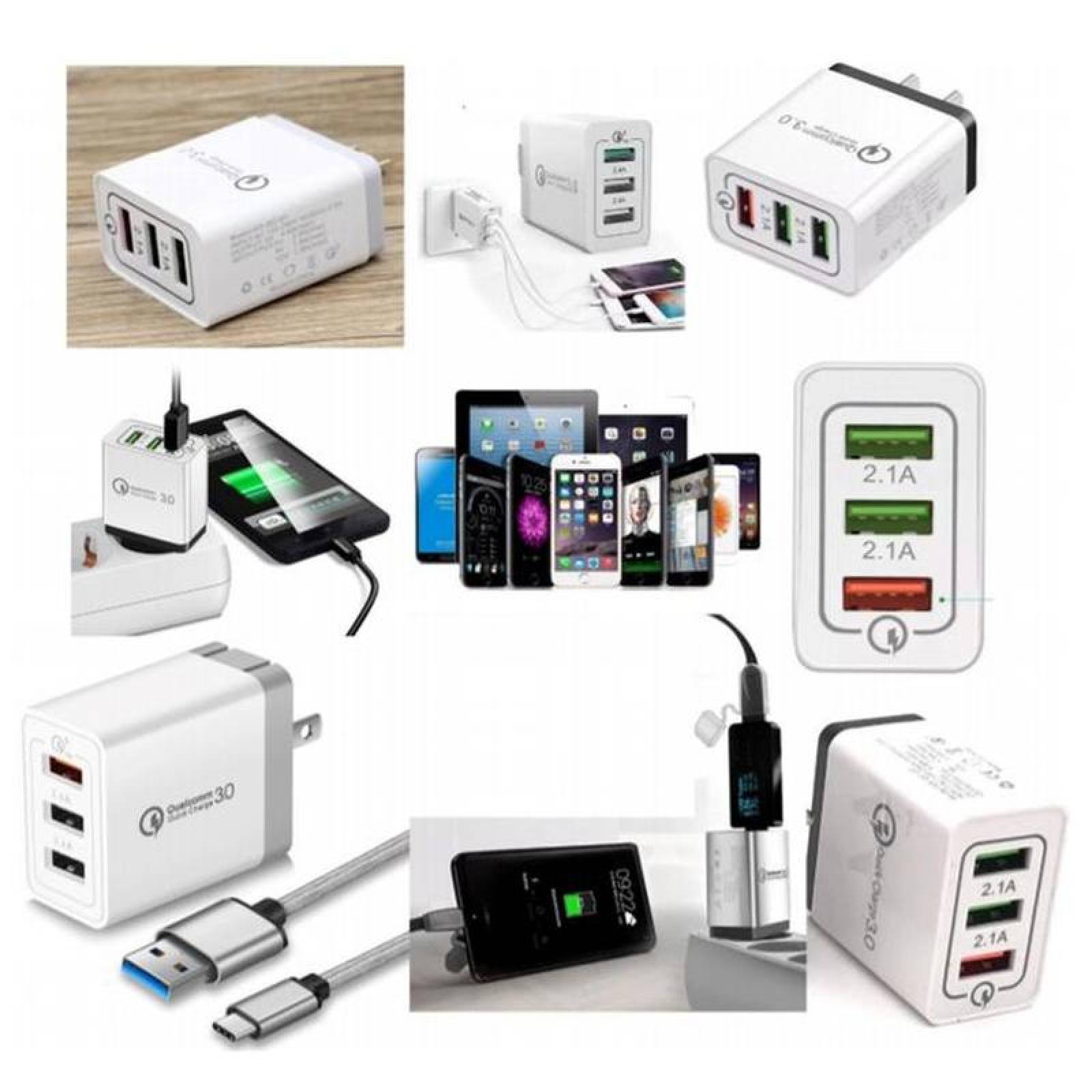 Adaptador de Corriente Rápida MXGEL-002-1 3 Puertos USB 100-240V 50-60Hz Max, 5V 2,1A Blanco Negro, ChargePlus