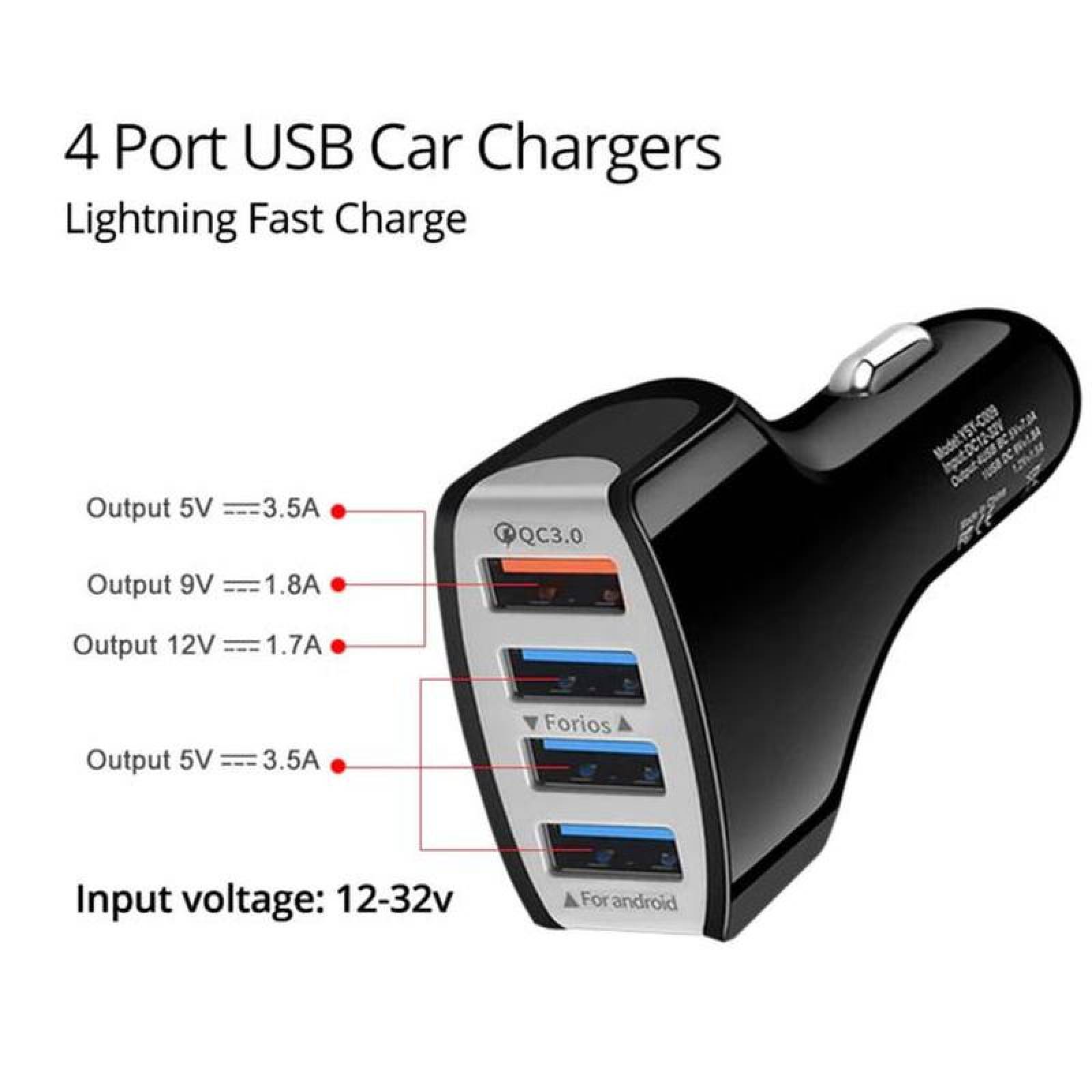 Cargador de Auto en Venta MXHQC-002-6 4 Puertos USB 12-24V Entrada 12V 2A Salida 12V 3,5A Max, 5 V 1,7A Negro, QuadCharge