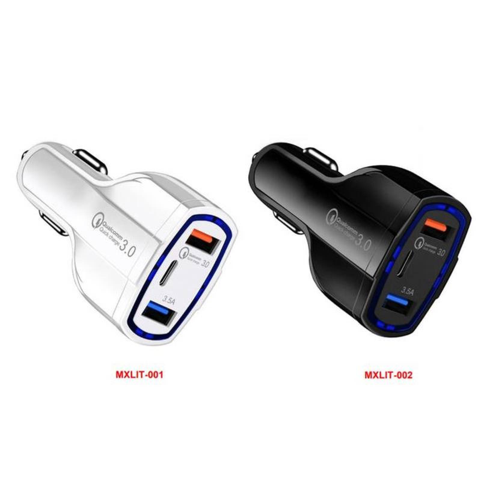 Cargador carro tipo-C Carga Rápida MXLIP-002-7 2 Puertos USB1 entrada tipo-C Entrada 12-32V, Salida 3USB DC 5,0V 7A 1USB 9V,12V 1,8A Negro, ChargeLight