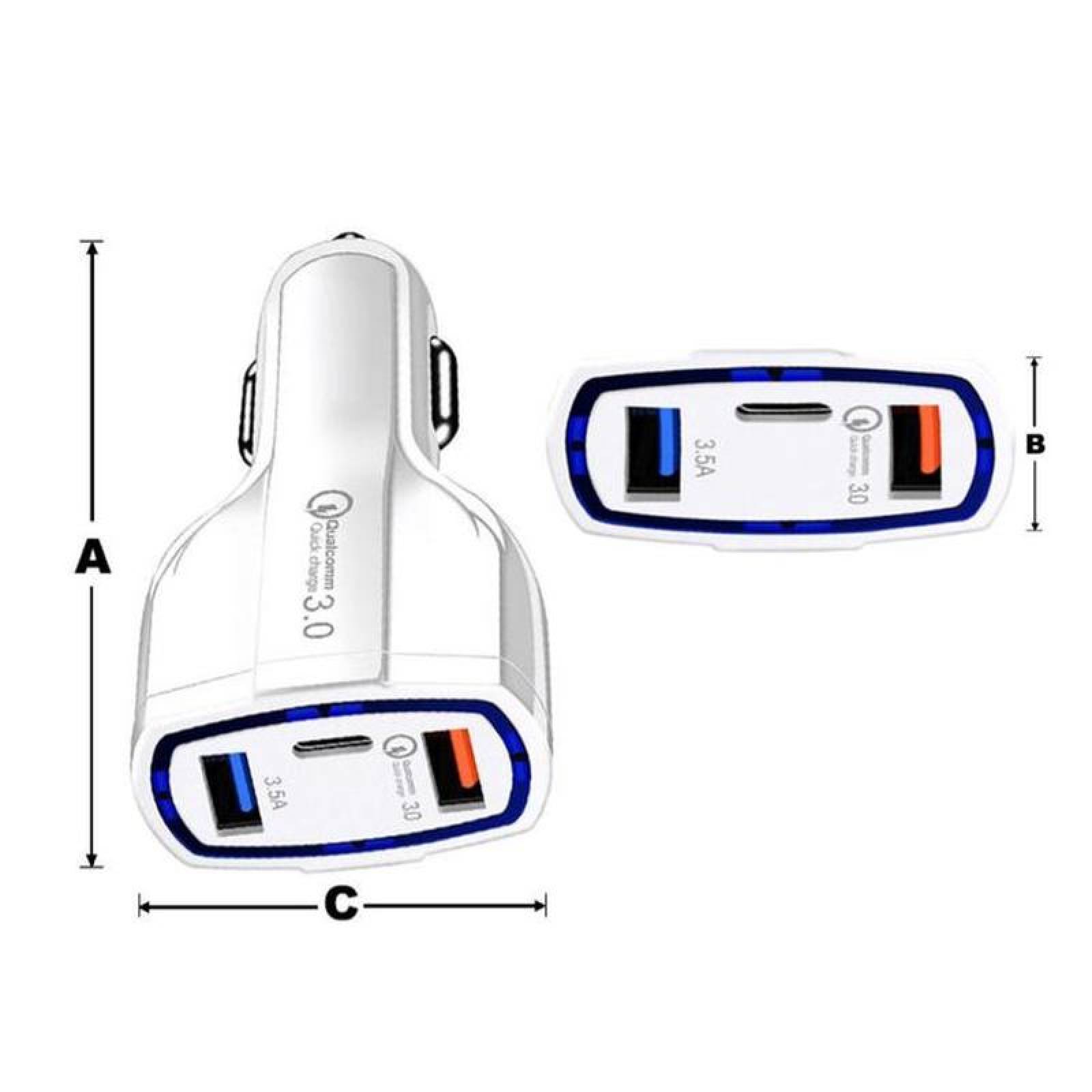 Cargador carro tipo-C Carga Rápida MXLIP-002-7 2 Puertos USB1 entrada tipo-C Entrada 12-32V, Salida 3USB DC 5,0V 7A 1USB 9V,12V 1,8A Negro, ChargeLight