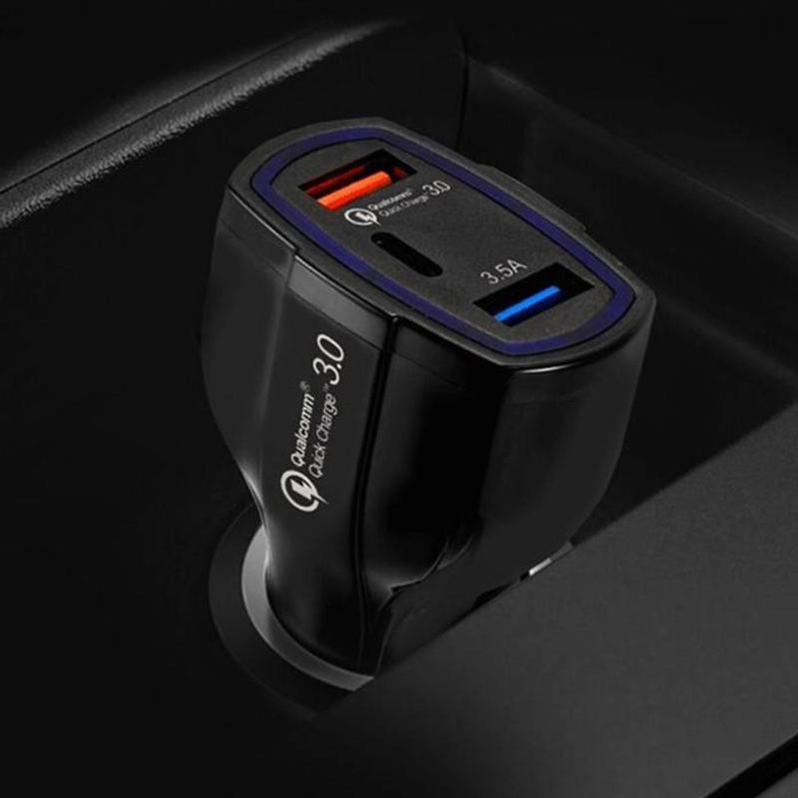 Cargador carro tipo-C Carga Rápida MXLIP-002-7 2 Puertos USB1 entrada tipo-C Entrada 12-32V, Salida 3USB DC 5,0V 7A 1USB 9V,12V 1,8A Negro, ChargeLight