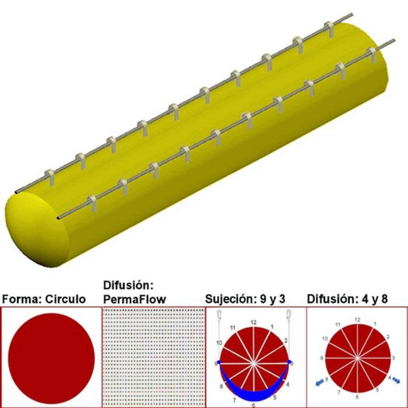 Ducto Textil Sujeción MXAHS-3800 58" Diámetro 49092 a 73637m3hr Difusión PermaFlow Amarillo Sujeción 9 y 3 Difusión 4 y 8 Longitud 10 m, AirRegularPerma