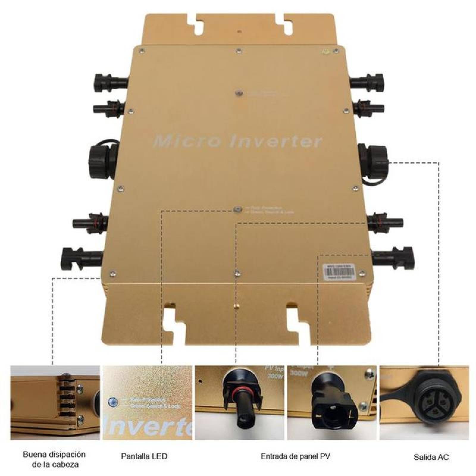 MicroInversores a Red Solar IP65, MXICO-004-3, 1200W, 22-50V, 180-260VAC, 50/60Hz, -40 a 60 C, Sin Wifi, Dorado., MicroCell
