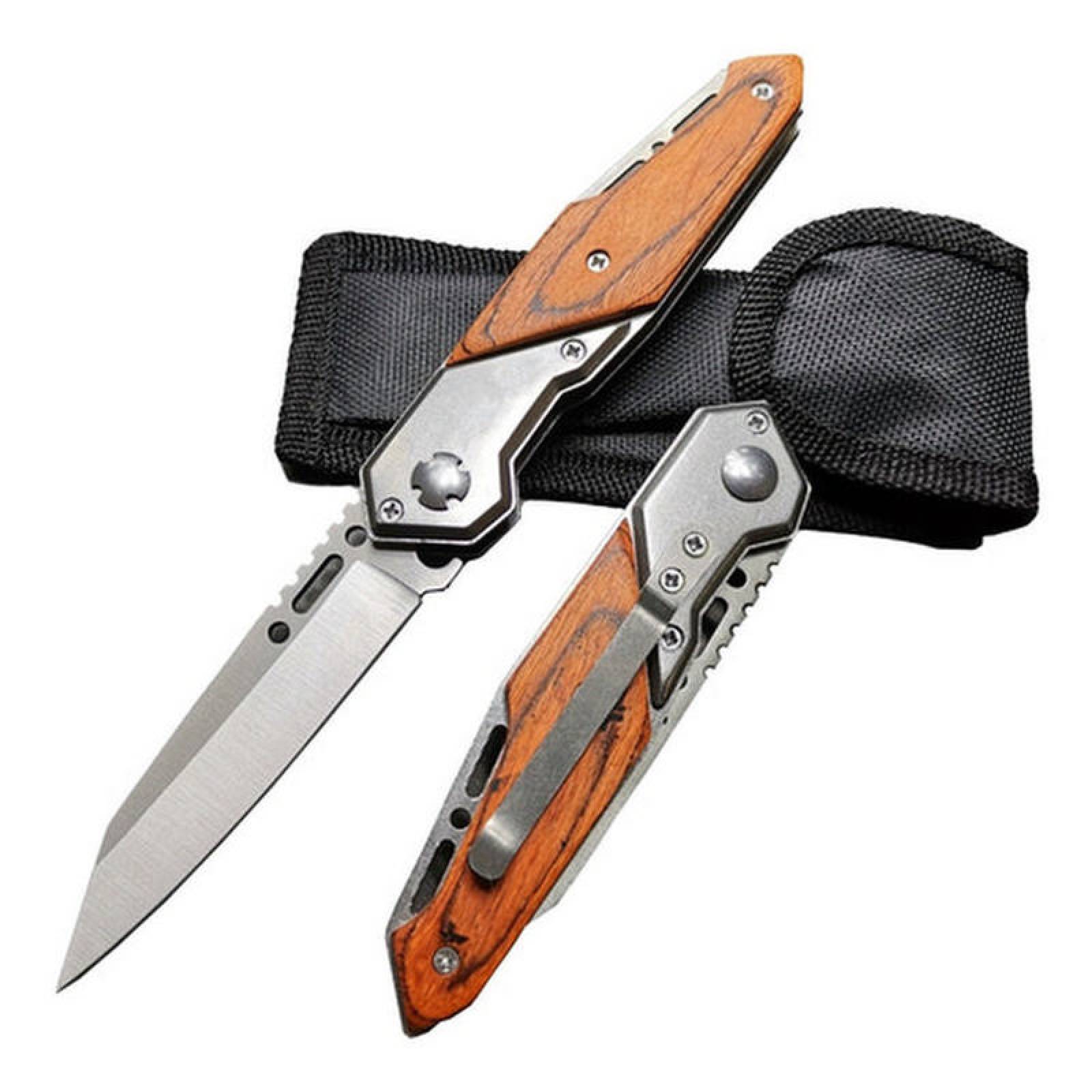 Cuchillo Navaja Táctil Portátil MXSWF-003-2 3Pzas Cuchilla Plegable Automática Mango PlataPlástico Tipo Madera Cuchilla Plata, SwissForce