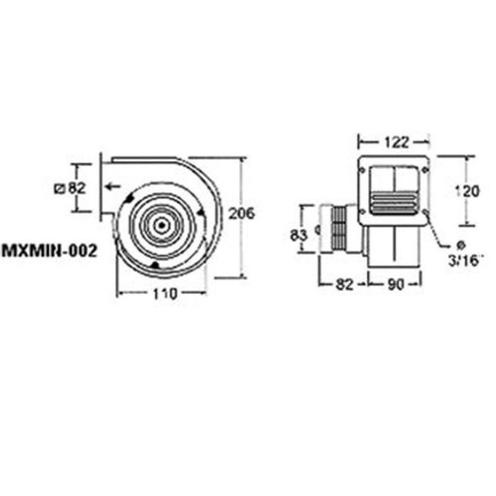 Extractor Centrifugo de Aire MXMIN-002-4 Rotor Jaula Ardilla 5" Diámetro 306m3hr 1550RPM 127V 0,50A 130HP 60Hz 48dB, MiniBlower