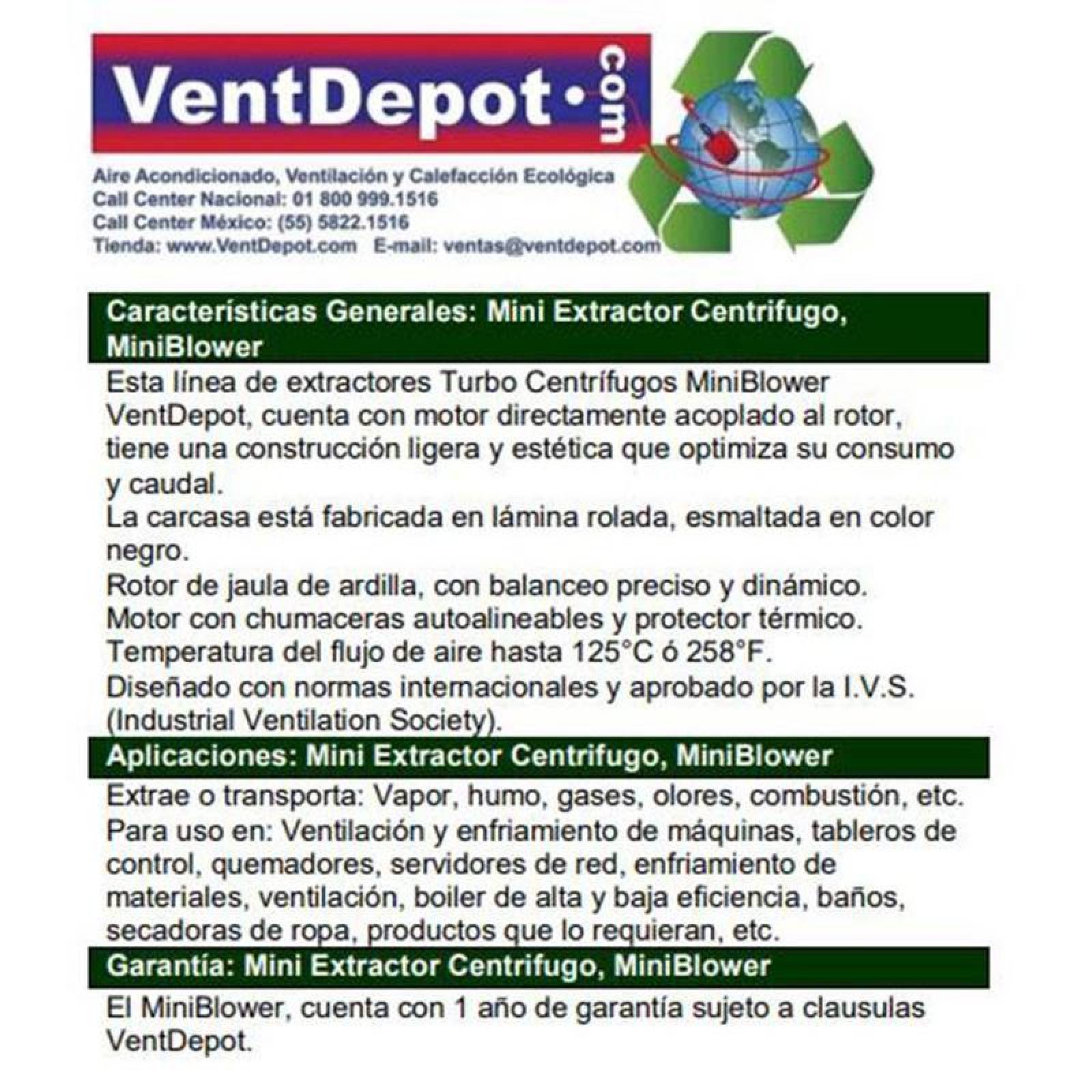 Extractor Centrifugo de Aire MXMIN-002-4 Rotor Jaula Ardilla 5" Diámetro 306m3hr 1550RPM 127V 0,50A 130HP 60Hz 48dB, MiniBlower
