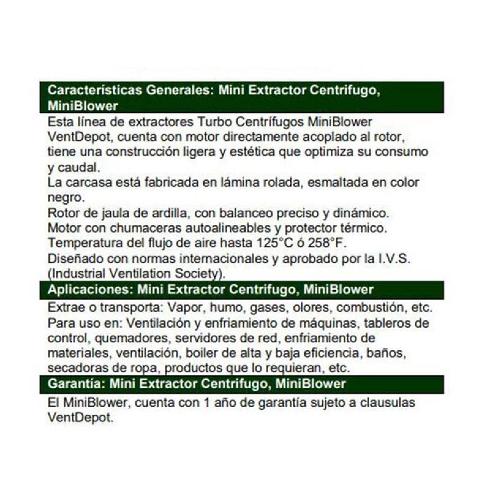 Extractor Centrifugo de Aire MXMIN-002-4 Rotor Jaula Ardilla 5" Diámetro 306m3hr 1550RPM 127V 0,50A 130HP 60Hz 48dB, MiniBlower