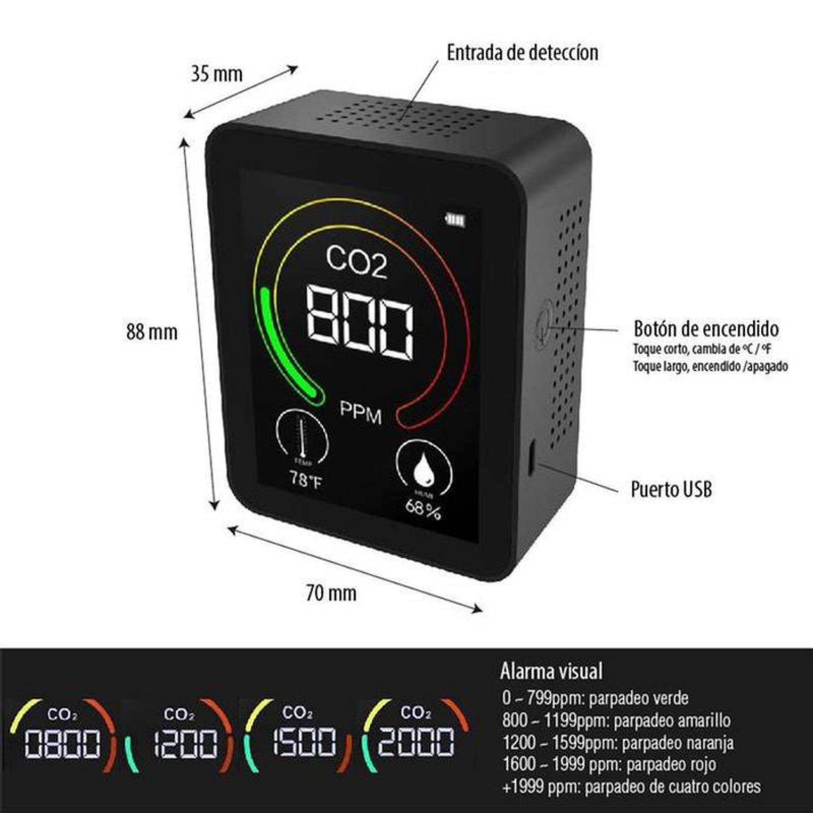 Monitor de Co2 para Laboratorio MXOXP-001-14 1 Pza Negro 400 a 5000 ppm -10 C a 70 Cmenor 0-99porciento RH 5 V USB, DioxidPlus