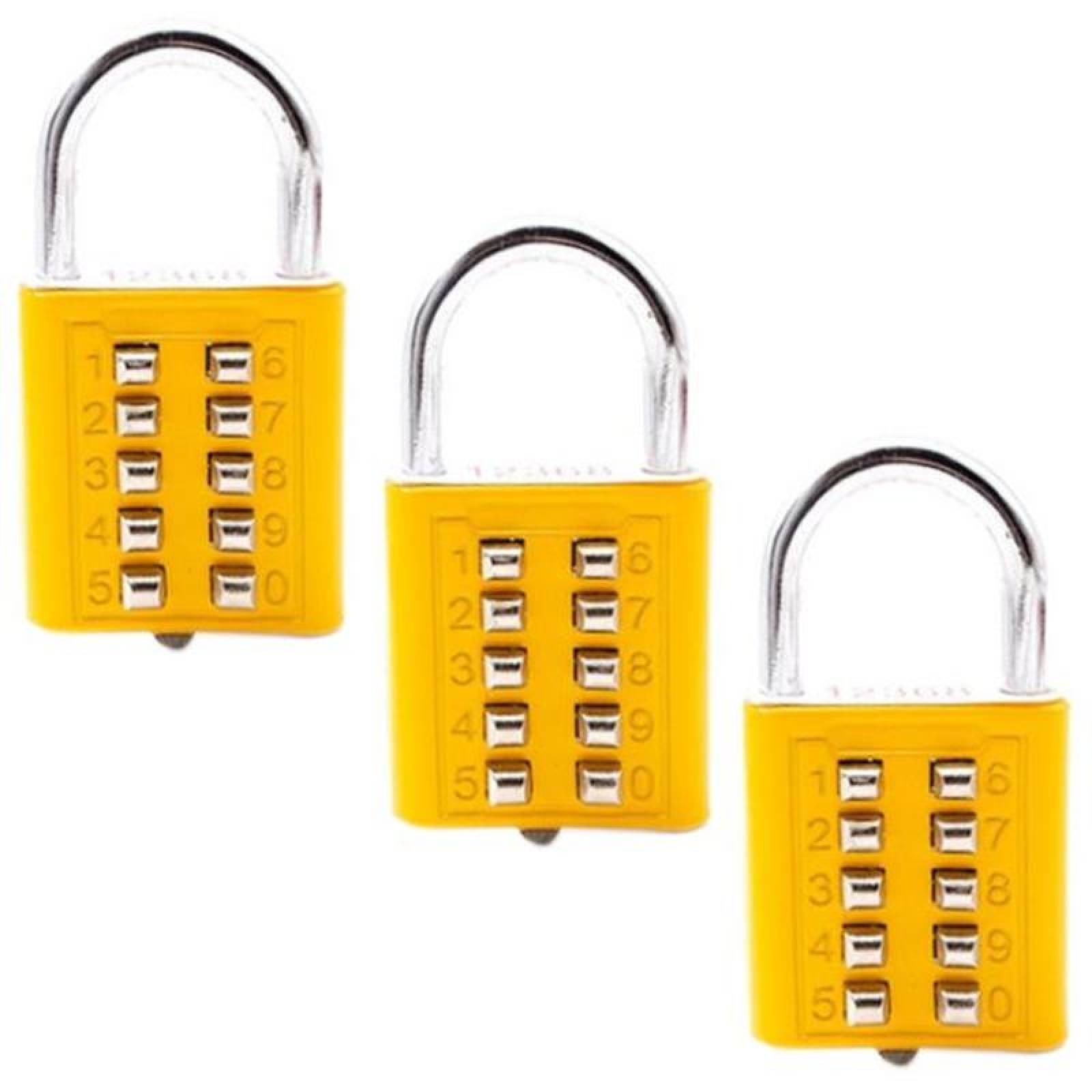 Candados con Contraseña Antirrobo, MXPSR-009-2, 3Pzas, 10 Teclas, Amarillo, Mecánico, Acero Inox., PassColors