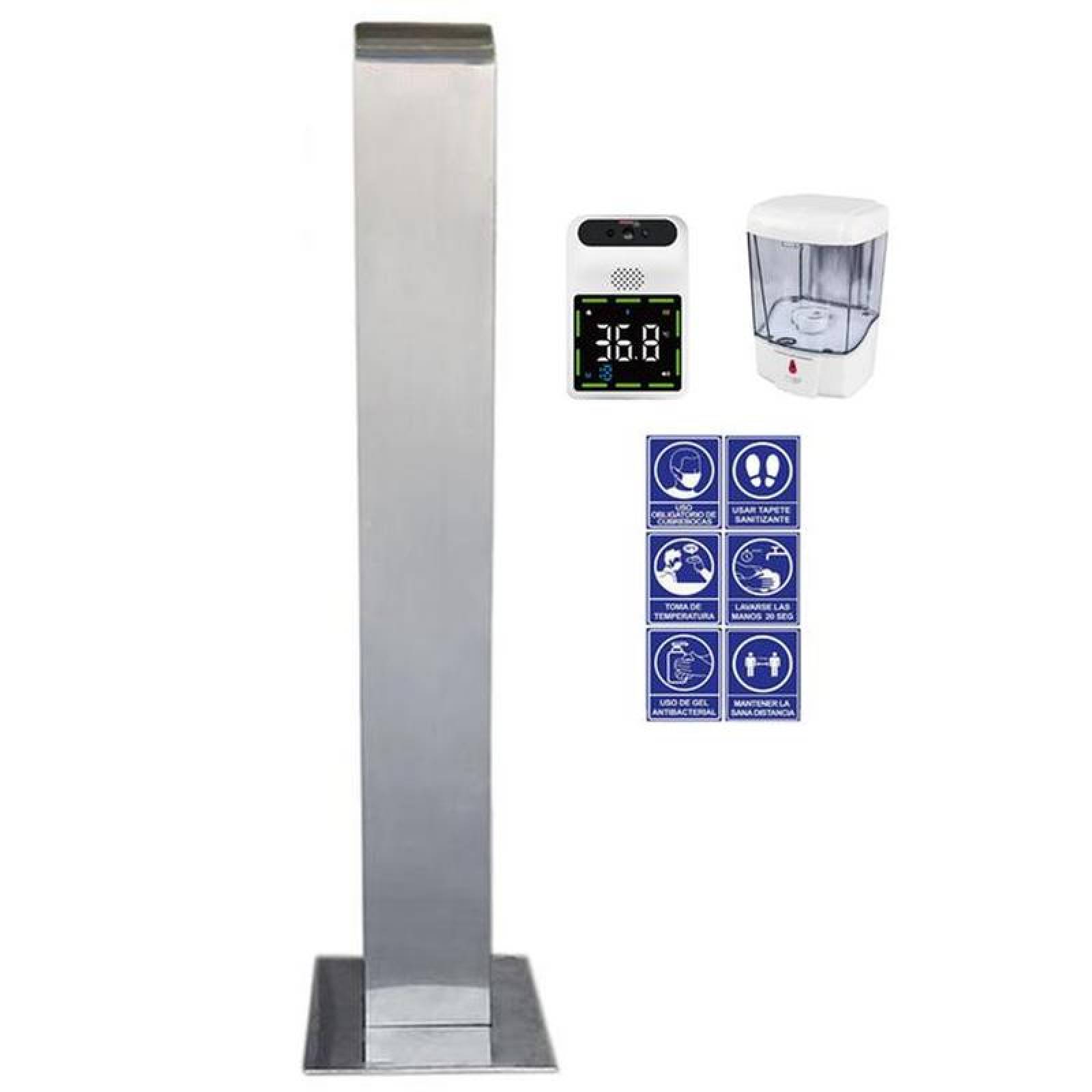Pedestal para Manos con Accesorios MXANI-006-3 Base Acero Inoxidable Adultos 28x145x24cm C22 Base Dispensado Termómetro y Hoja de Indicaciones, SaniStain
