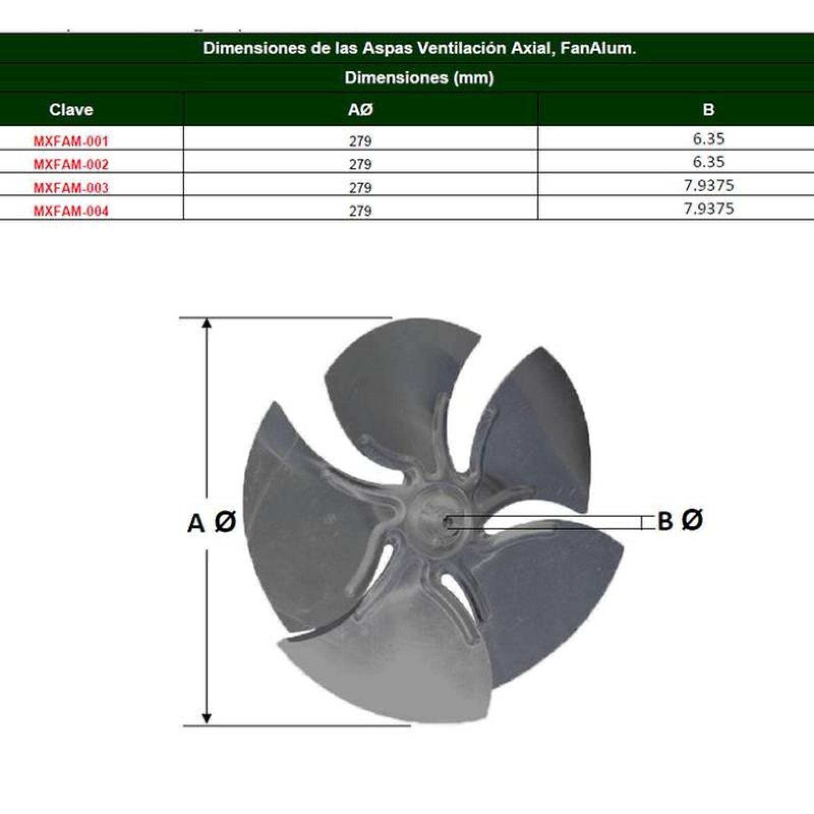 Aspas Aluminio Enfriamiento Calidad MXFAM-001-3 11" Diámetro 5 Aspas 14" Flecha Giro CW Aluminio FanAlum
