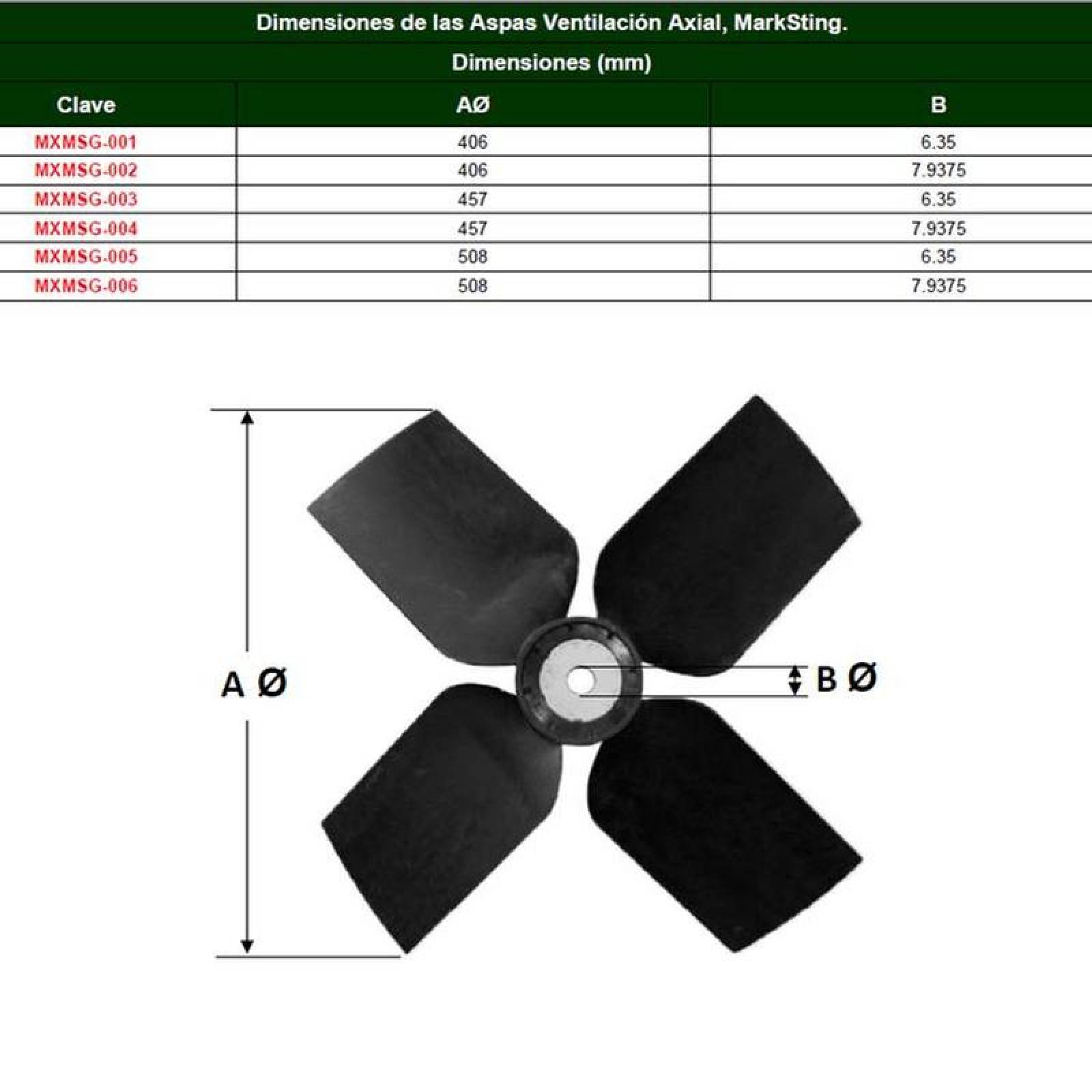 Aspa Metal Enfriamiento Nuevo, MXMSG-001-1, 16" Diámetro, 4 Aspas, 1/4" Flecha, Giro: CW, Nylon y Fibra de vidrio, MarkSting