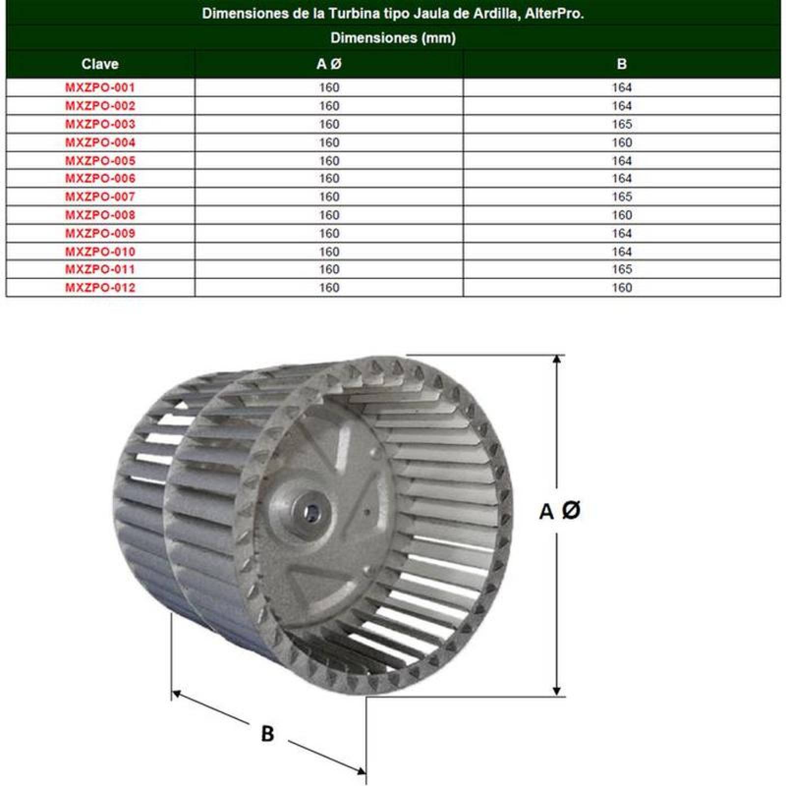 Turbina Jaula Ardilla Centrífuga, MXZPO-010-2, 6 5/16" Diámetro, 6 7/16"Altura, 7/8" Diámetro Flecha, Giro: CCW, Lámina Galvanizada, AlterPro