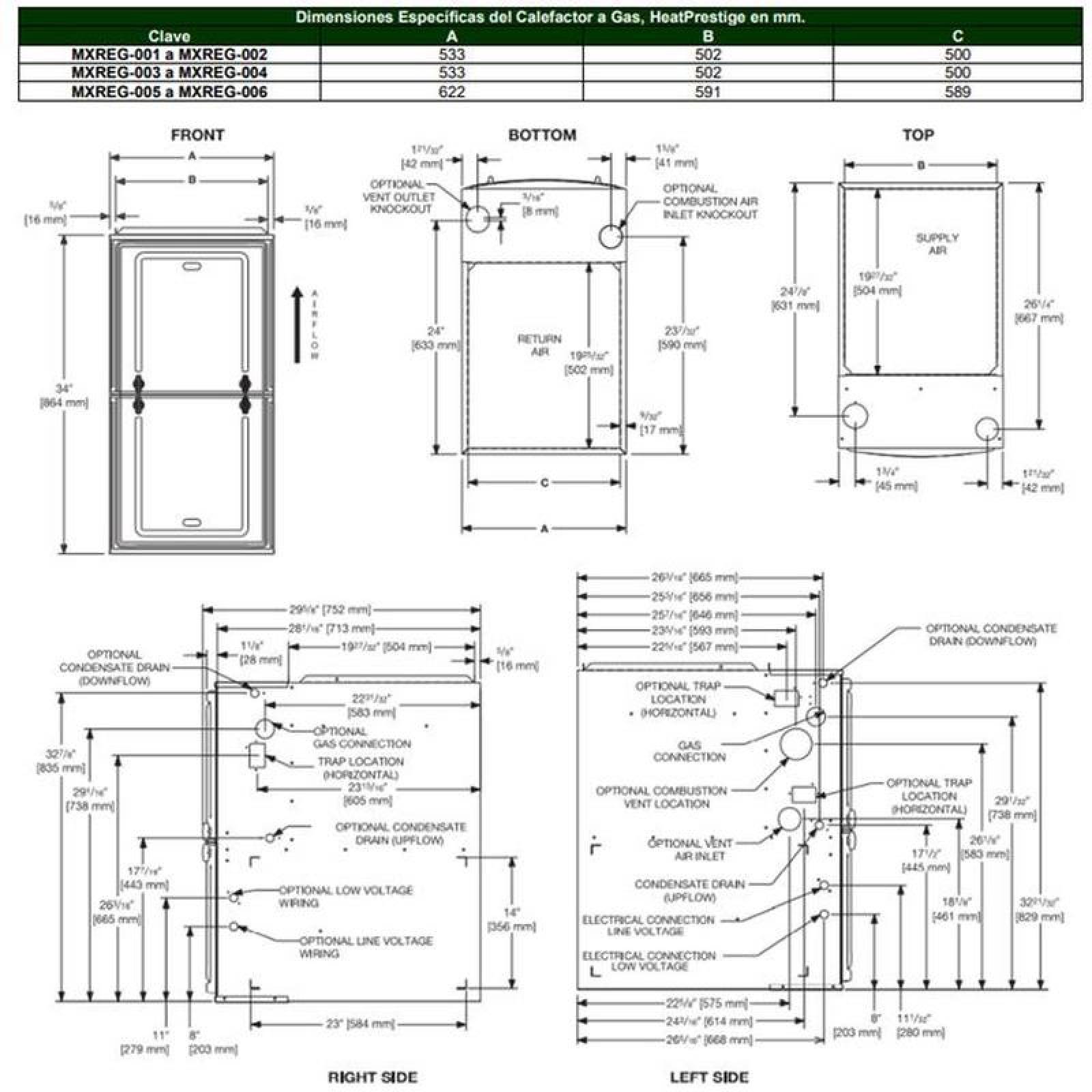 Calefactor a Gas Moderno MXREG-002-3 85000 BTU 7,0 Ton 1898CFM Eficiencia AFUE 96porciento 115V 1F 60Hz Gas L,P, HeatPrestige
