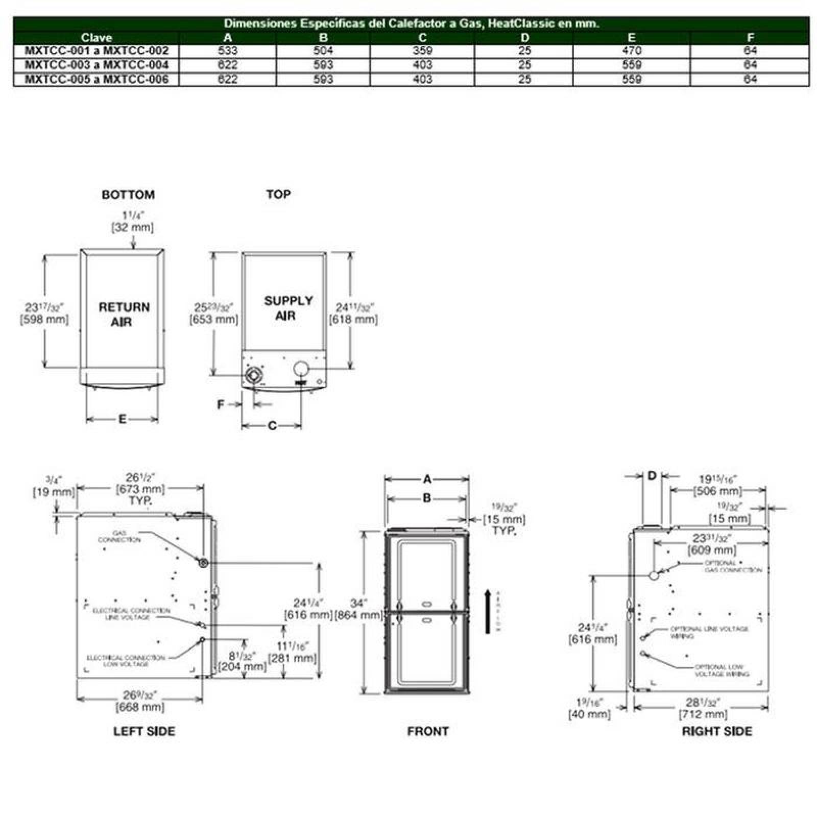 Calefactor a Gas Económicos MXTCC-006-2 150000 BTU 12,5 Ton 1916CFM Eficiencia AFUE 80porciento 115V 1F 60Hz Gas L,P, HeatClassic