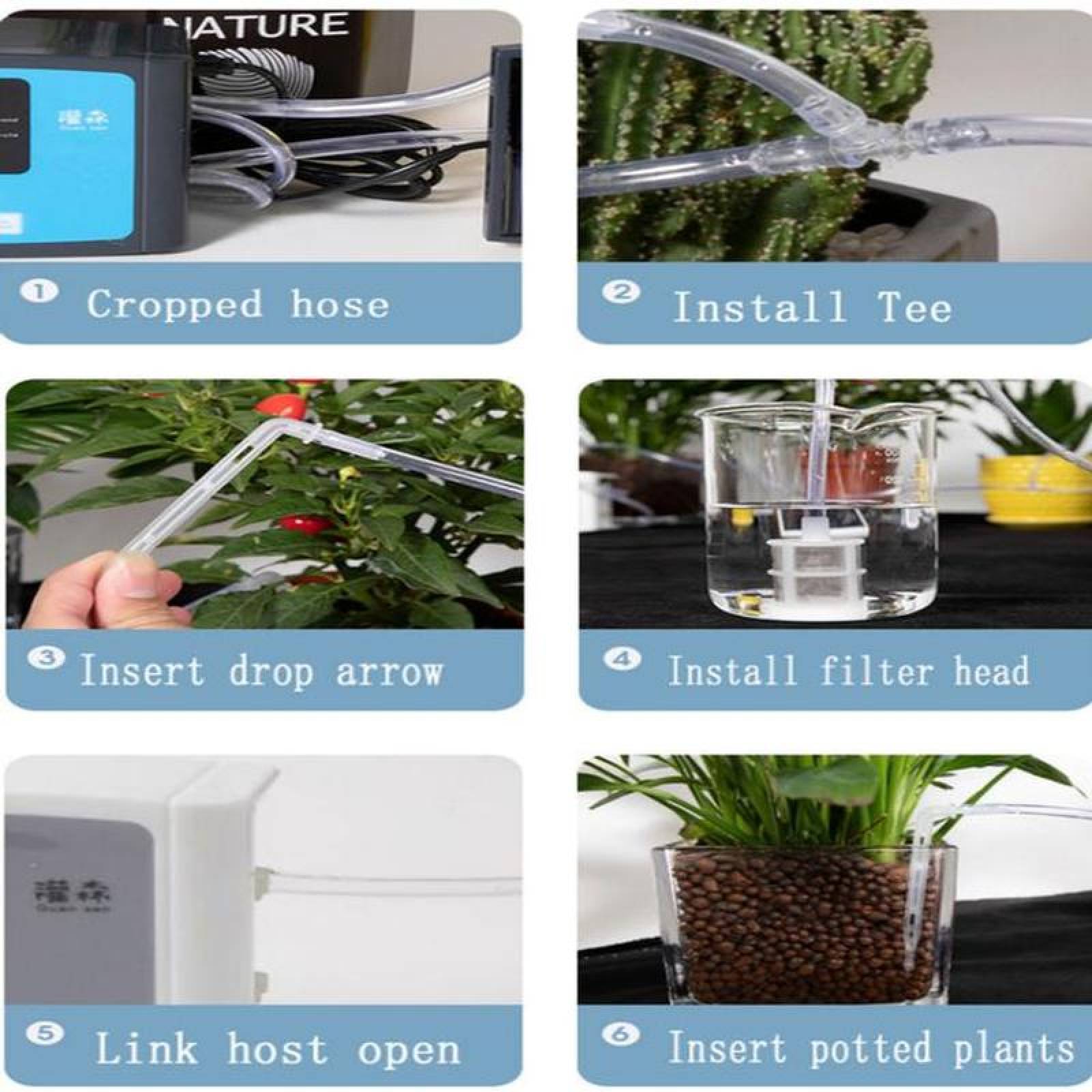 Dispositivo con Temporizador MXWEN-003-9 Bomba Doble 2 Filtros Manguera 20m Flecha de Goteo 30 pzas Conector en T 30 pzas 120ma 5V 3W Carga USB Batería de Litio No incluidas, WaterTron