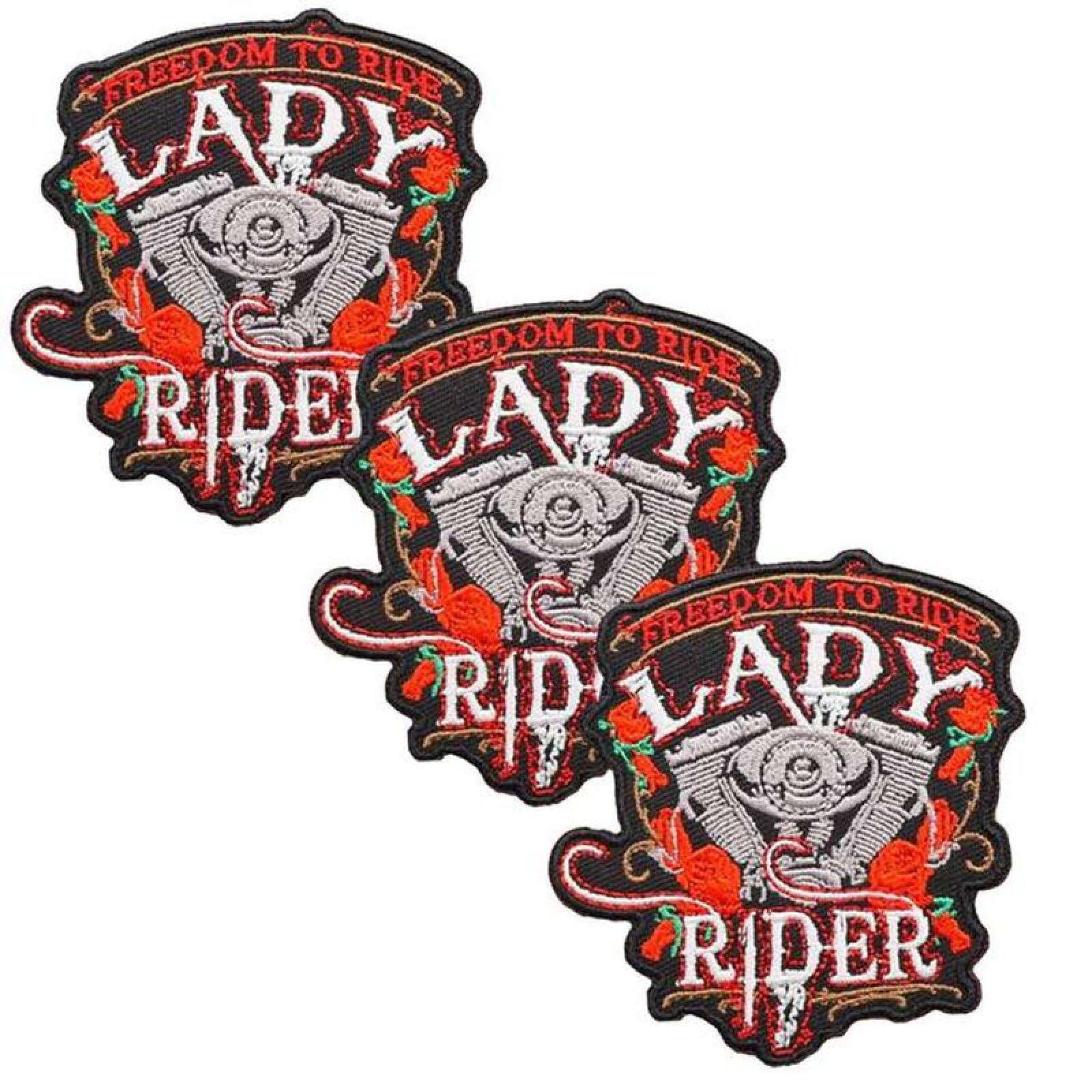 Decora Ropa con Lady Ryder MXRLR-003-2 3 Parches MotorCycleLady 7x7cm RojoNegro Bordado Adhesivo para Planchar, MotorCycleLady03