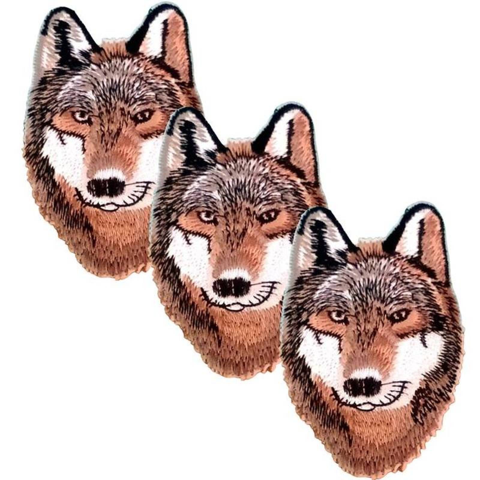 Lobo Parche Bordados con Diseño MXWLO-003-1 3 Parches Lobo 10x7cm CaféBlanco Bordado Adhesivo para Planchar, Wolf01