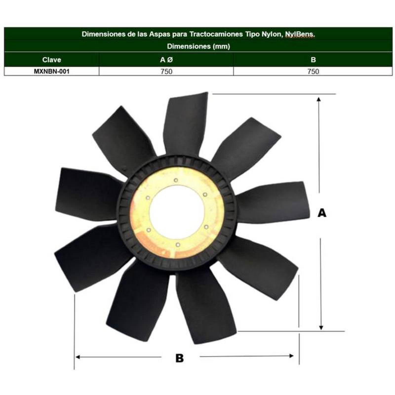 Aspas para Rejillas MXNBN-001-19 24" Diámetro 9 Aspas 5" Flecha Giro Derecha Nylon con Fibra de Vidrio, NylBens