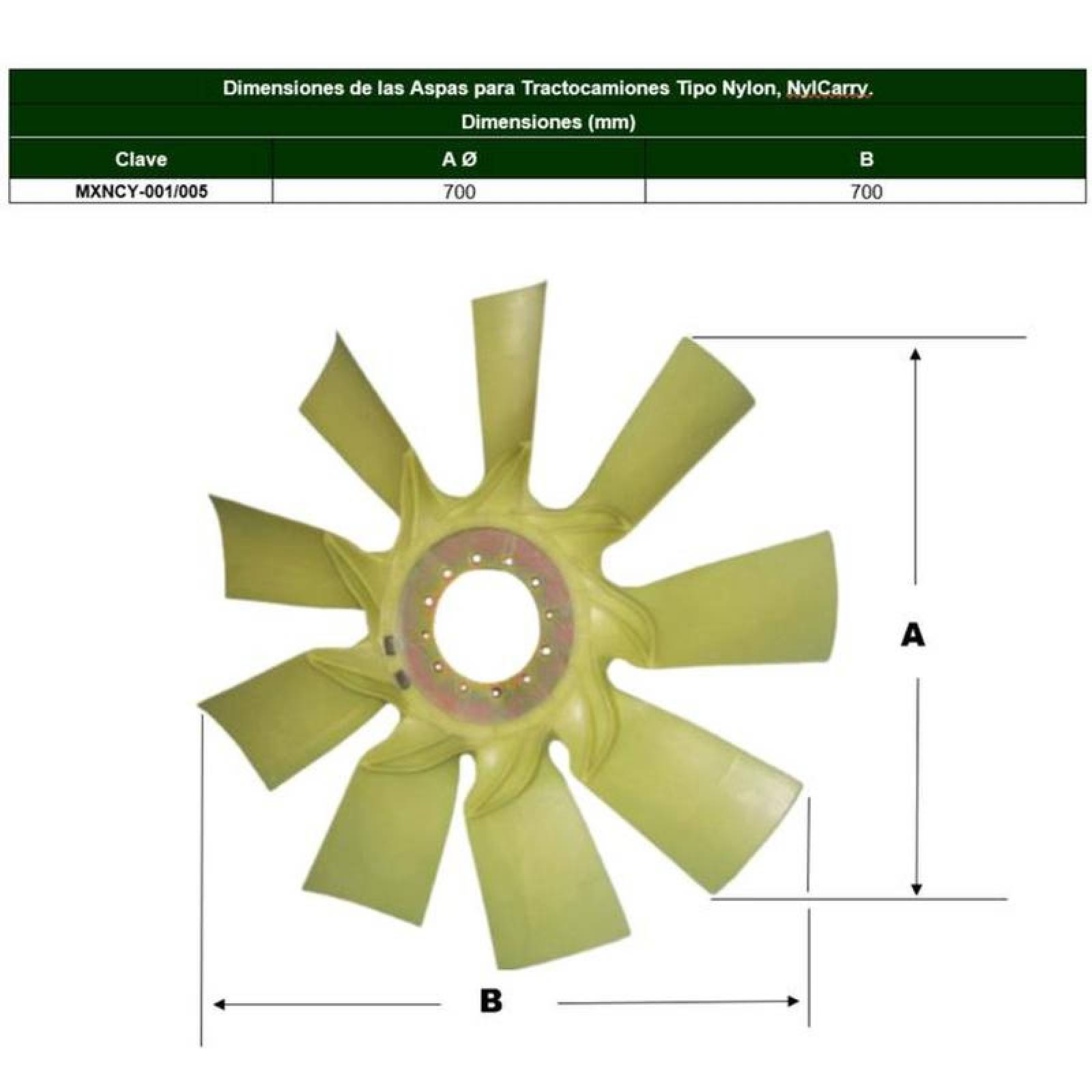 Aspa de Buena Calidad Tipo Nylon MXNCY-004-5 28" Diámetro 9 Aspas 5" Flecha Giro Derecha Nylon con Fibra de Vidrio, NylCarry