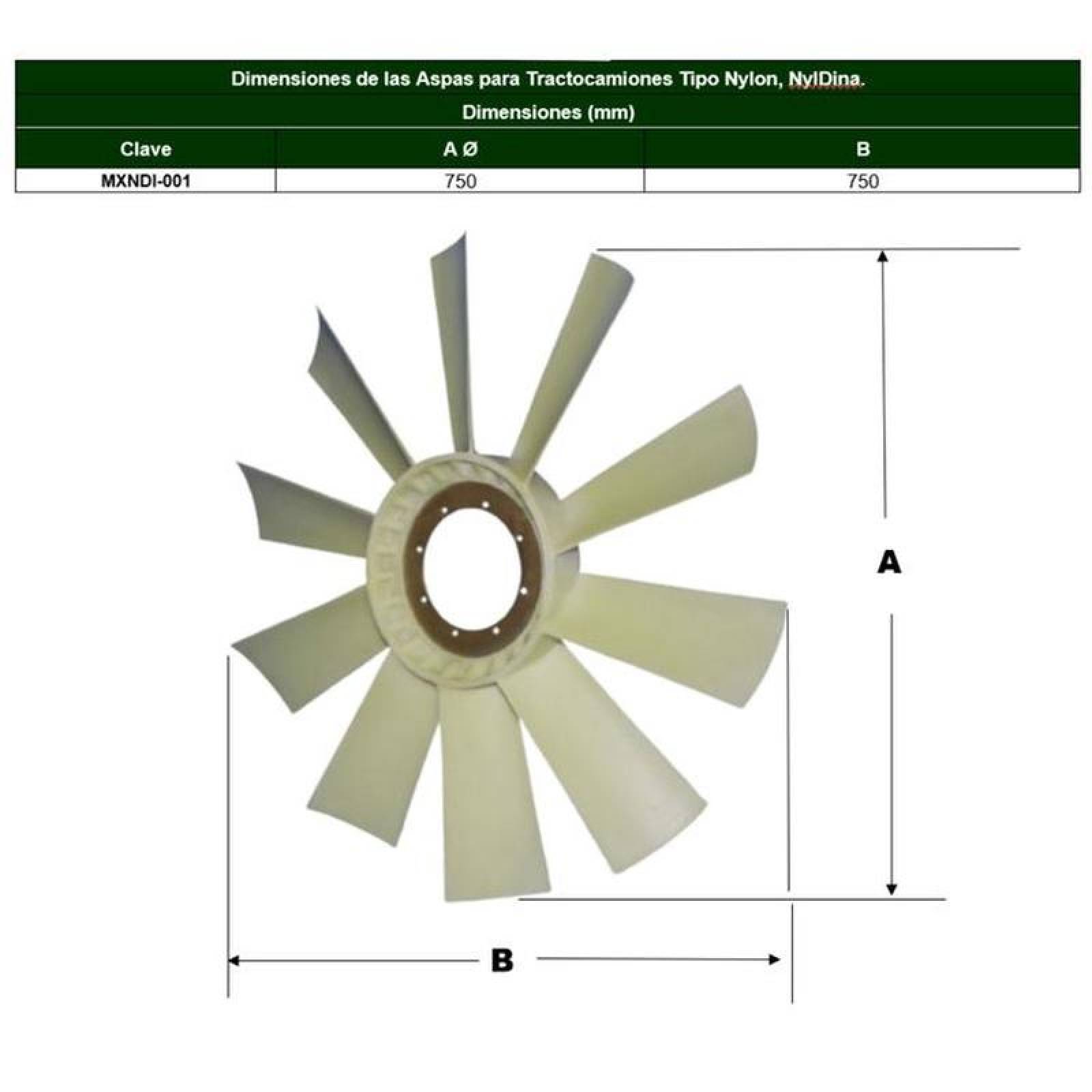 Ventilador Nylon para Trailer MXNDI-001-5 22" Diámetro 10 Aspas 4" Flecha Giro Derecha Nylon con Fibra de Vidrio, NylDina