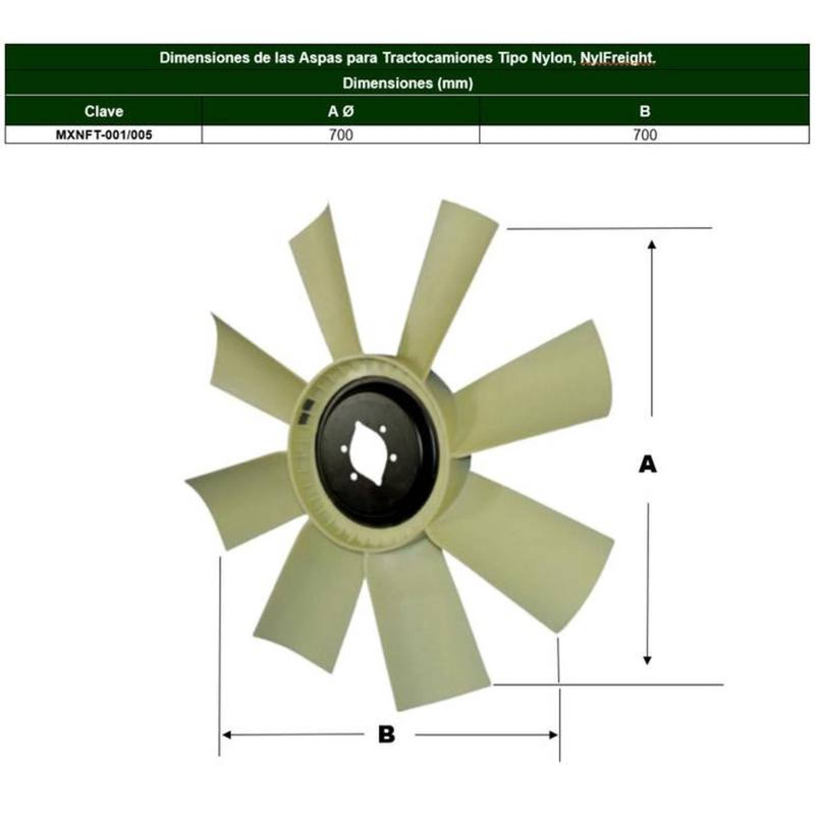 Aspa Nylon para Camiones Grandes MXNFT-001-2 24" Diámetro 8 Aspas 2 12" Flecha Giro Derecha Nylon con Fibra de Vidrio, NylFreight