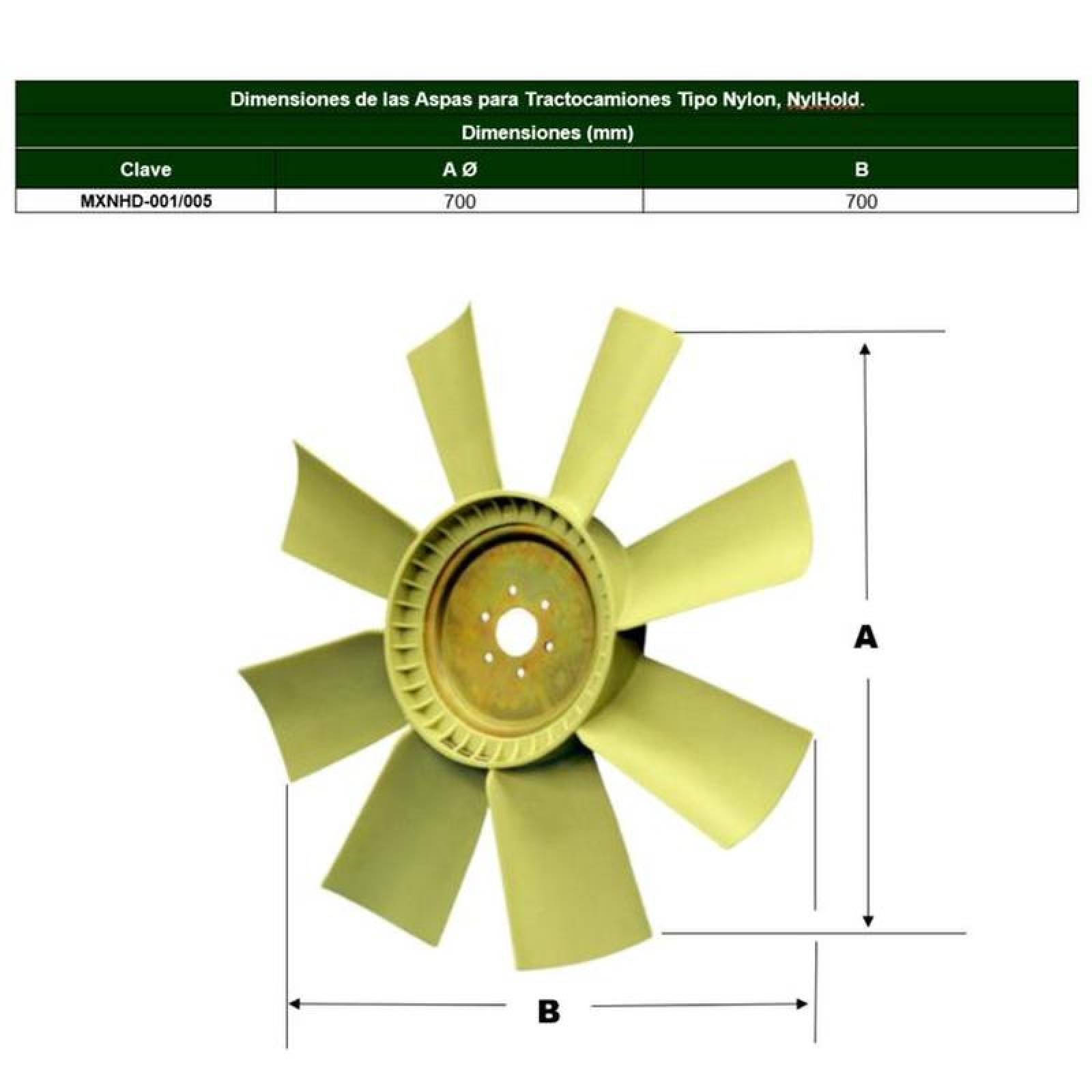 Ventilador con Aspas Nylon MXNHD-001-3 24" Diámetro 8 Aspas 2" Flecha Giro Derecha Nylon con Fibra de Vidrio, NylHold