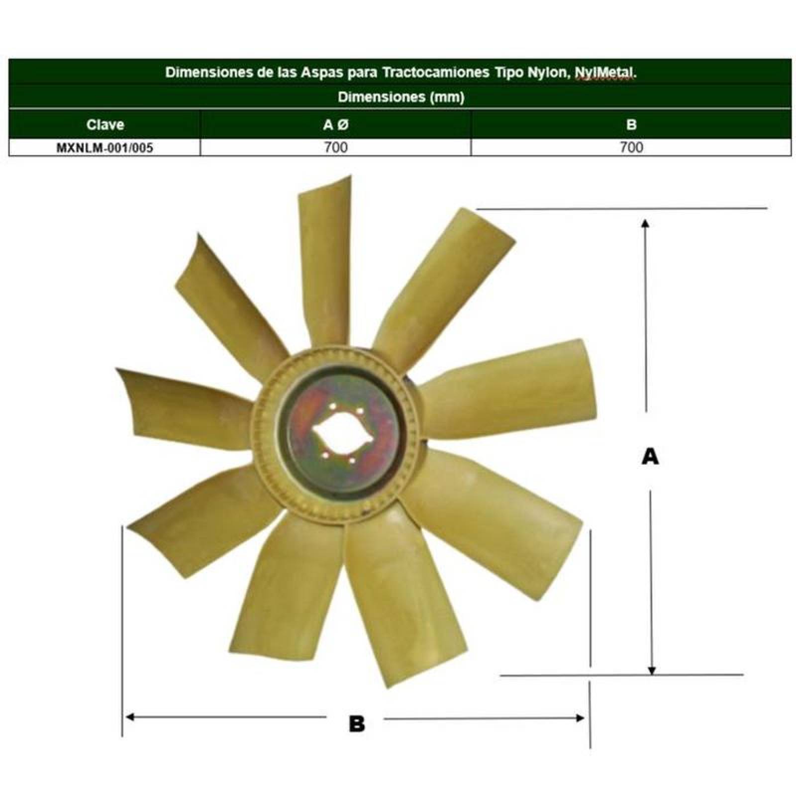 Ventilador para Camiones Nylon MXNLM-001-4 24" Diámetro 9 Aspas 2 12" Flecha Giro Derecha Nylon con Fibra de Vidrio, NylMetal