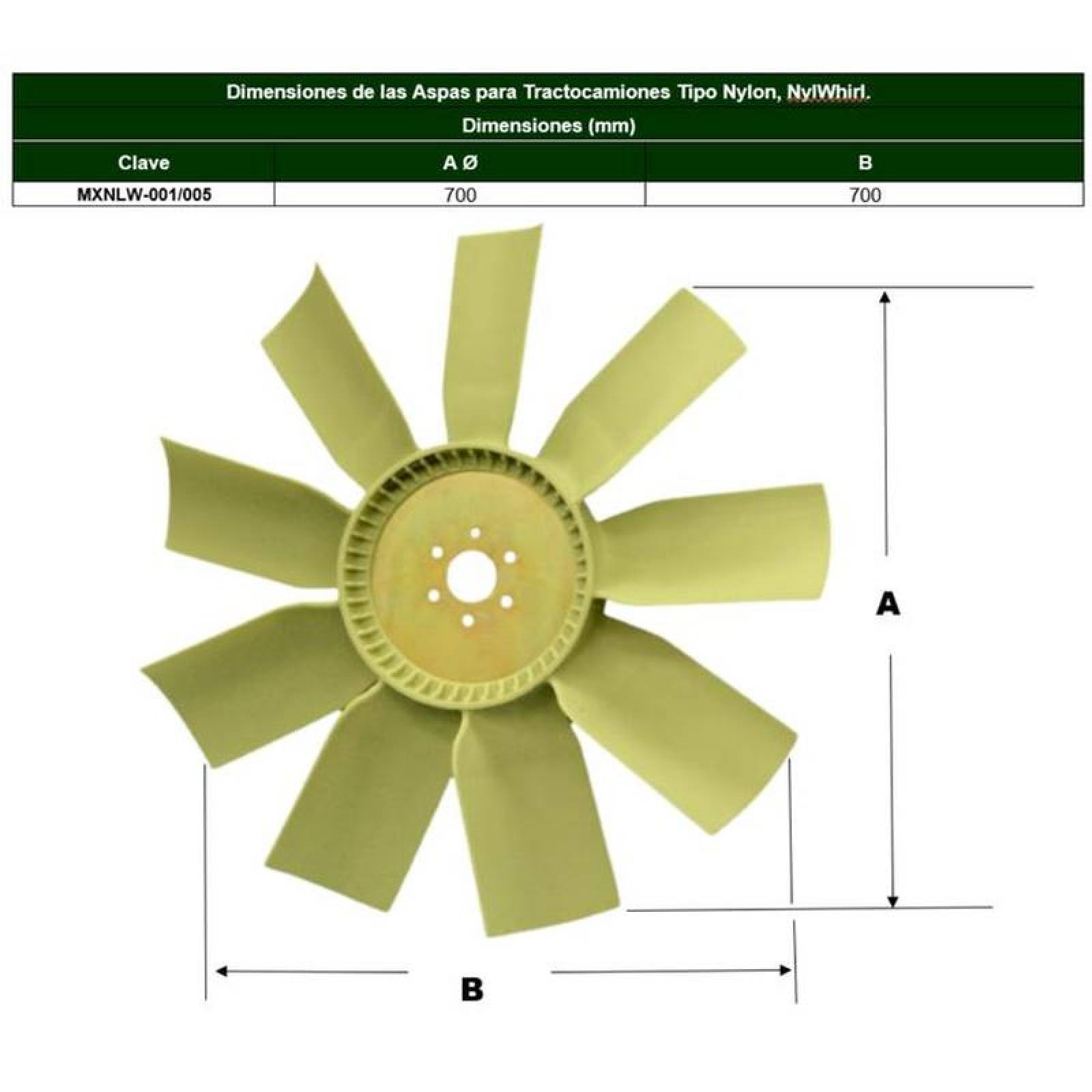 Aspas Giratorias a la Derecha MXNLW-002-3 26" Diámetro 9 Aspas 2" Flecha Giro Derecha Nylon con Fibra de Vidrio, NylWhirl