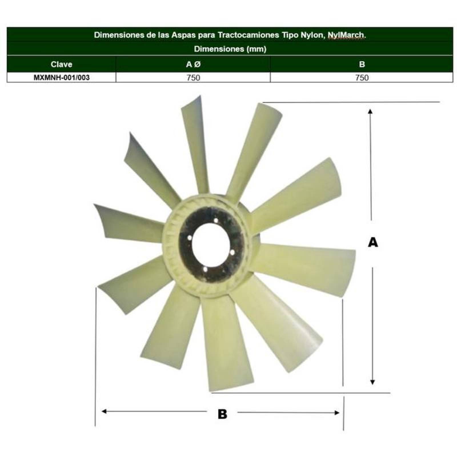 Refacciones para Ventiladores MXNMH-003-7 22" Diámetro 10 Aspas 3 14" Flecha Giro Derecha Nylon con Fibra de Vidrio, NylMarch