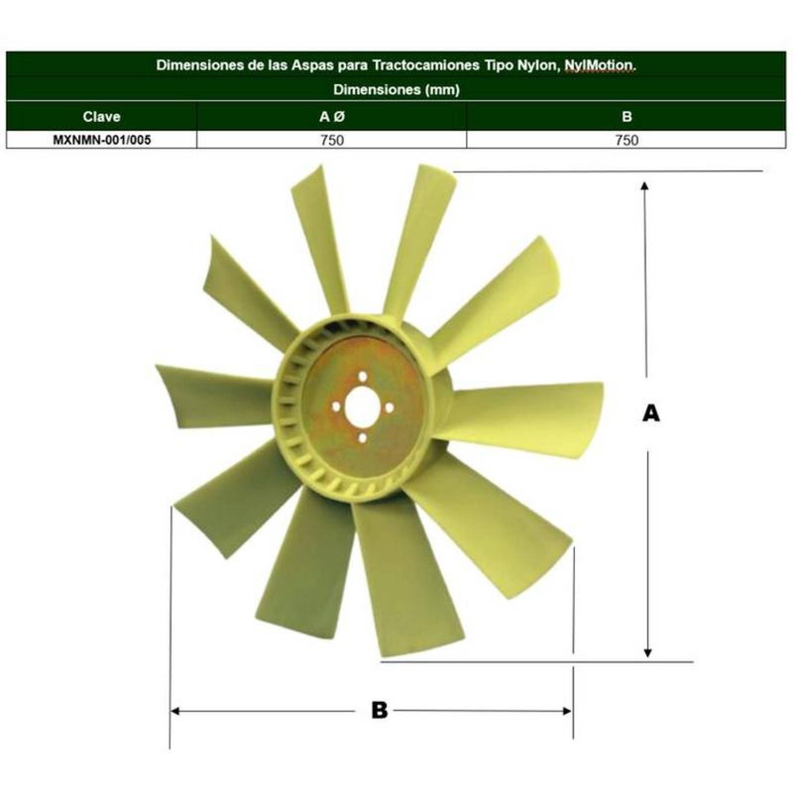 Ventilador para Perkins MXNMN-004-6 21" Diámetro 10 Aspas 1 58" Flecha Giro Derecha Nylon con Fibra de Vidrio, NylMotion