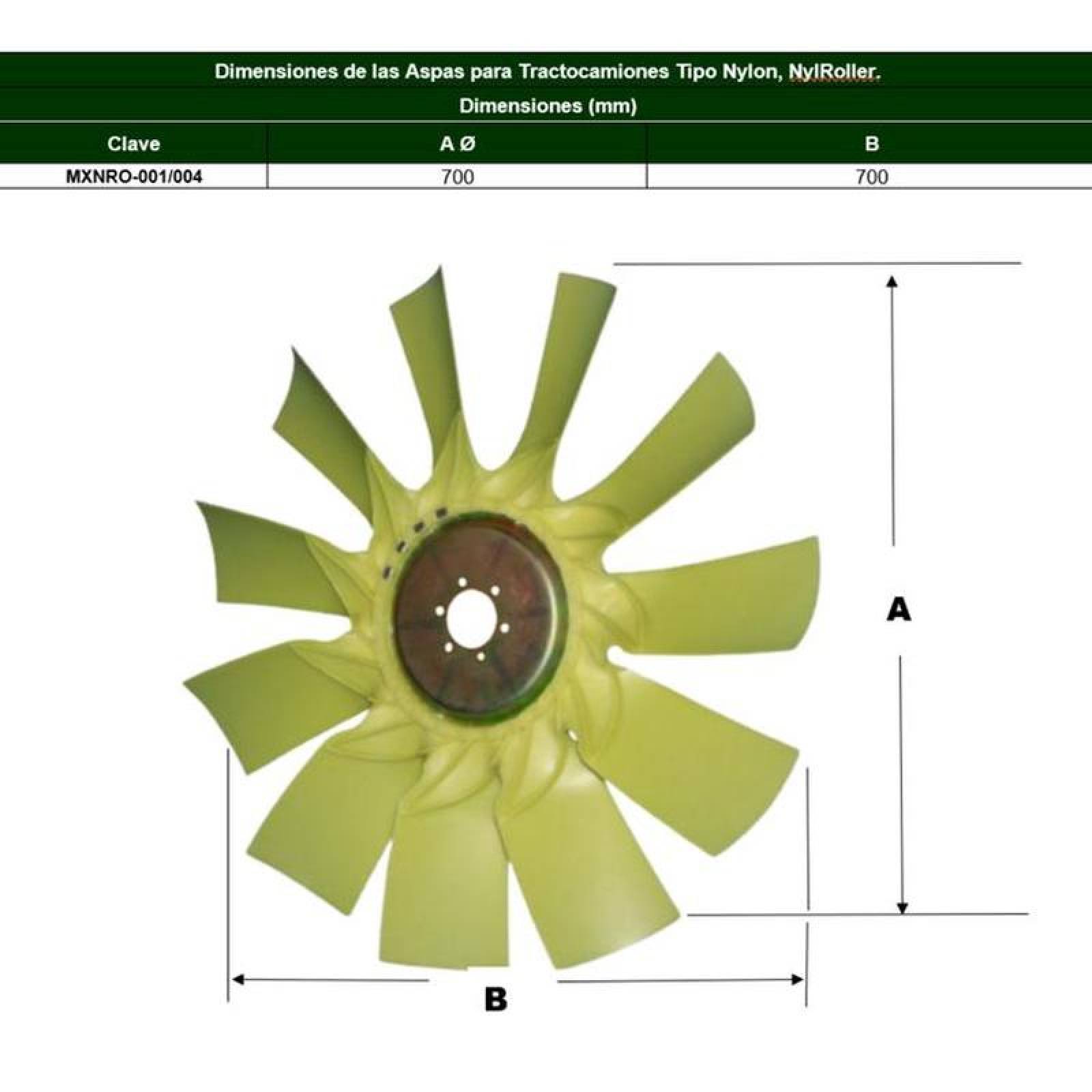 Ventilador con Rotación Derecha MXNOR-004-5 32" Diámetro 11 Aspas 2 12" Flecha Giro Derecha Nylon con Fibra de Vidrio, NylRoller